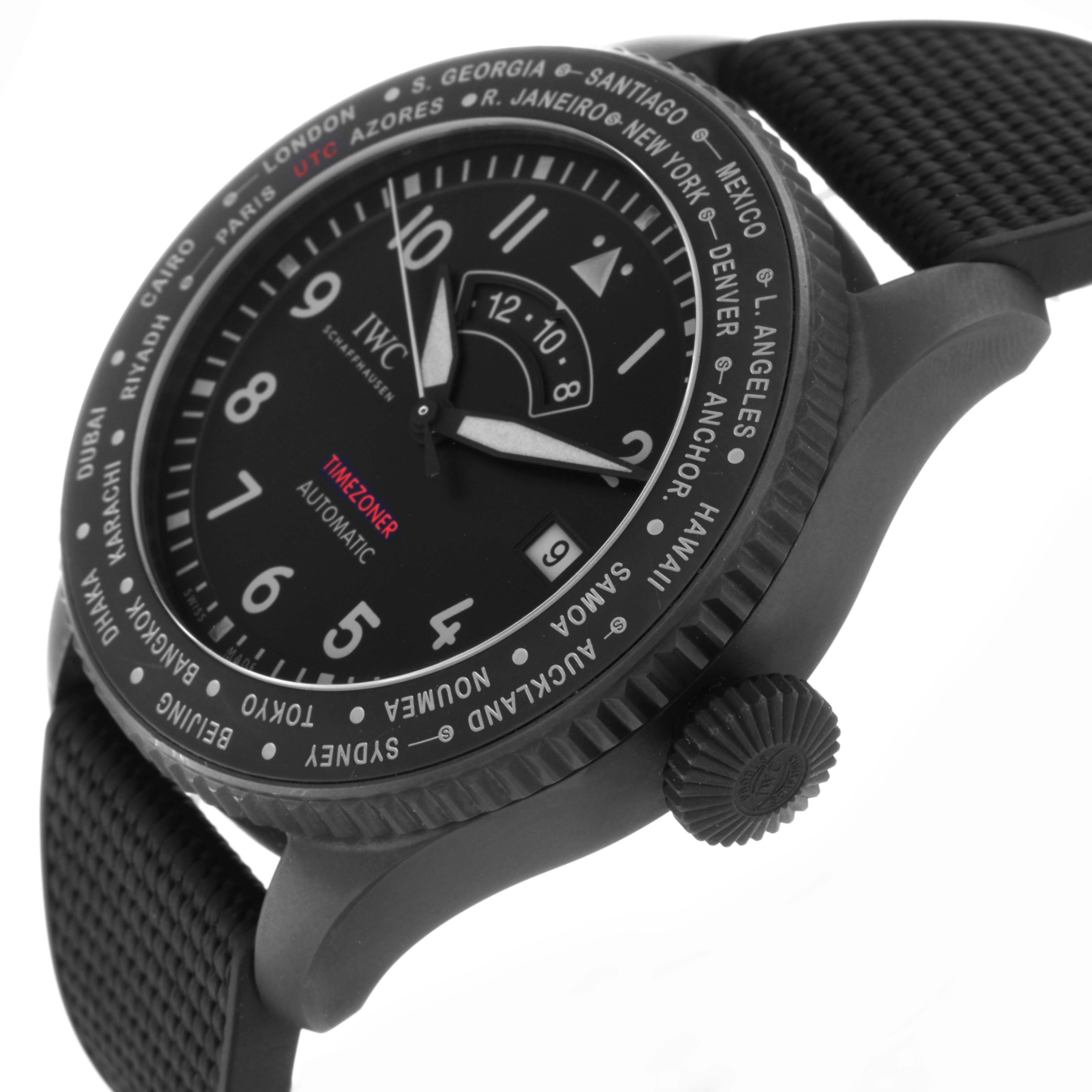 The IWC Pilot IW395505 Men
s Ceramic Black Dial IW395505 Men
s Ceramic Black Dial model watch is shown at a side angle, highlighting the bezel, dial, hands, and crown.