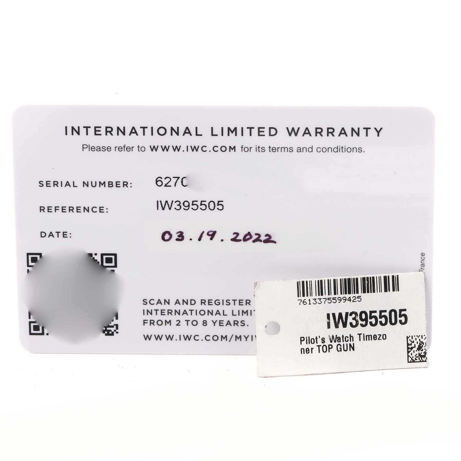 The image shows an IWC Pilot IW395505 Men
s Ceramic Black Dial IW395505 Men
s Ceramic Black Dial model warranty card and a tag with reference IW395505.