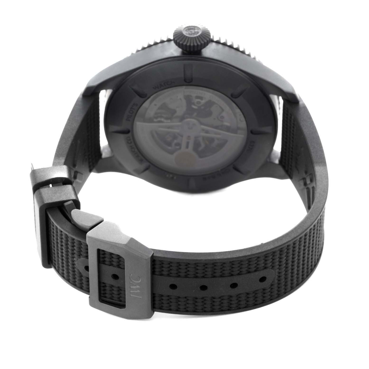 The image shows the back view of an IWC Pilot IW395505 Men
s Ceramic Black Dial IW395505 Men
s Ceramic Black Dial watch, highlighting the strap, buckle, and transparent case back.