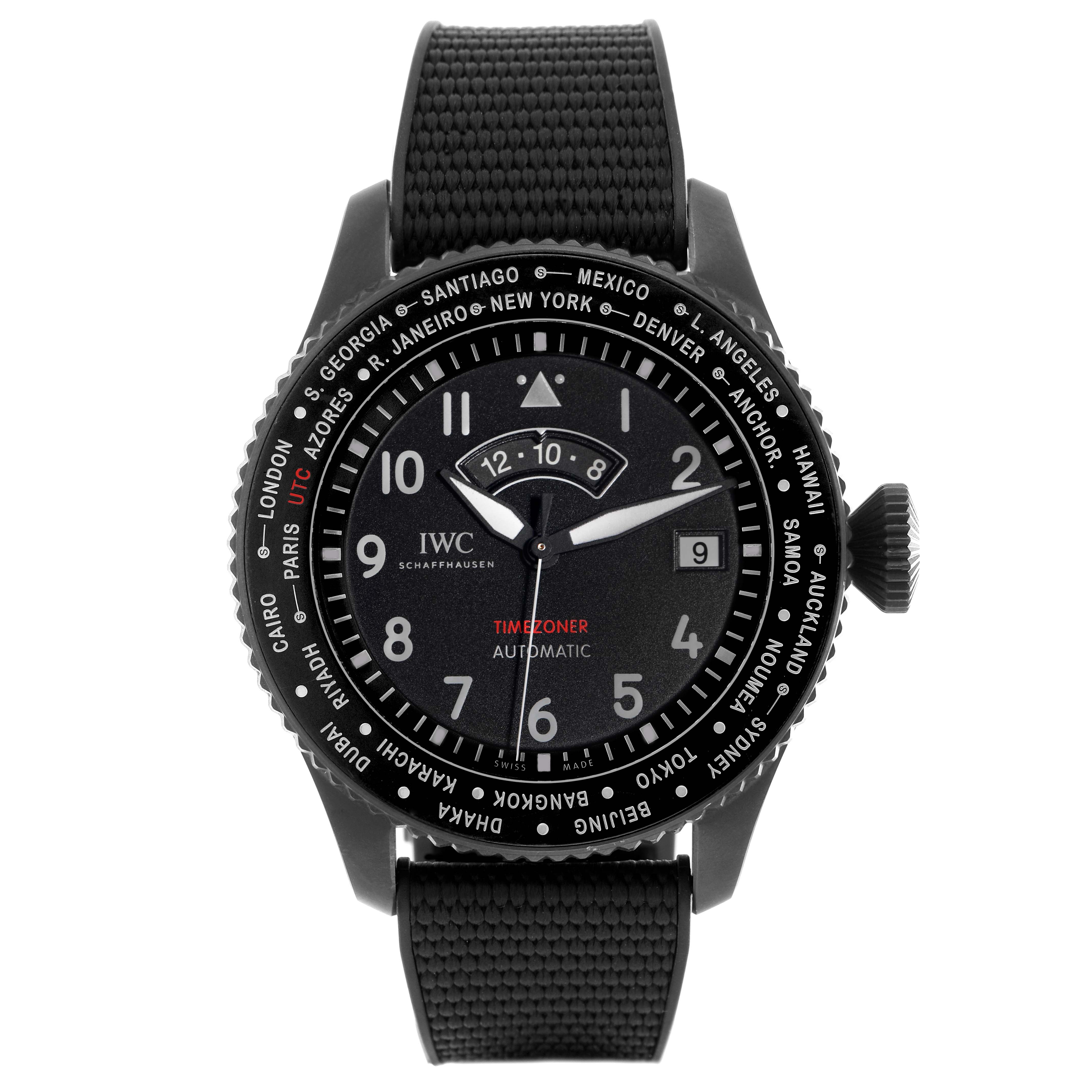 The IWC Pilot IW395505 Men
s Ceramic Black Dial IW395505 Men
s Ceramic Black Dial watch is shown from a front angle featuring the dial, bezel, and strap.