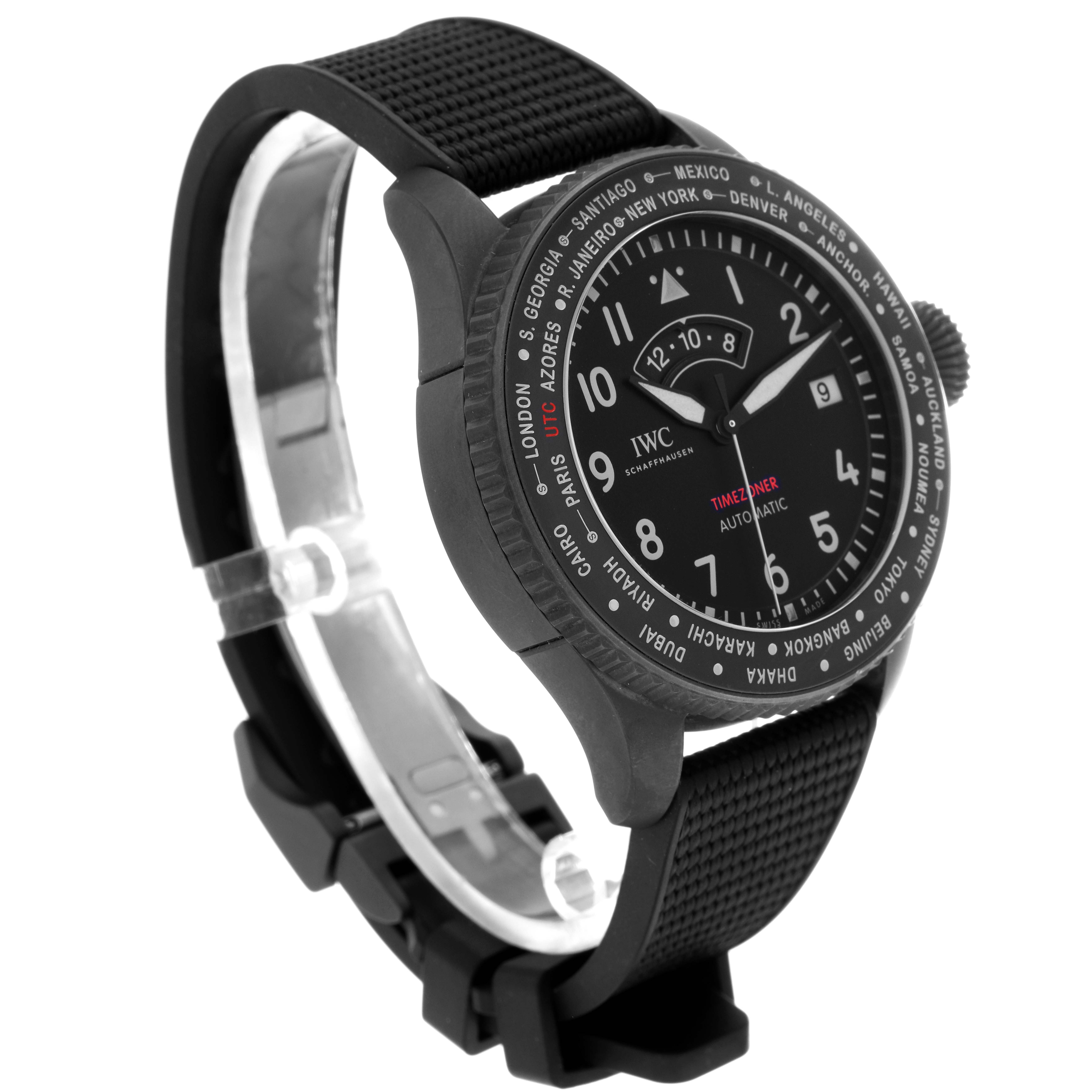 The IWC Pilot IW395505 Men
s Ceramic Black Dial IW395505 Men
s Ceramic Black Dial watch is shown at a three-quarter angle, displaying the face, bezel, strap, and crown.