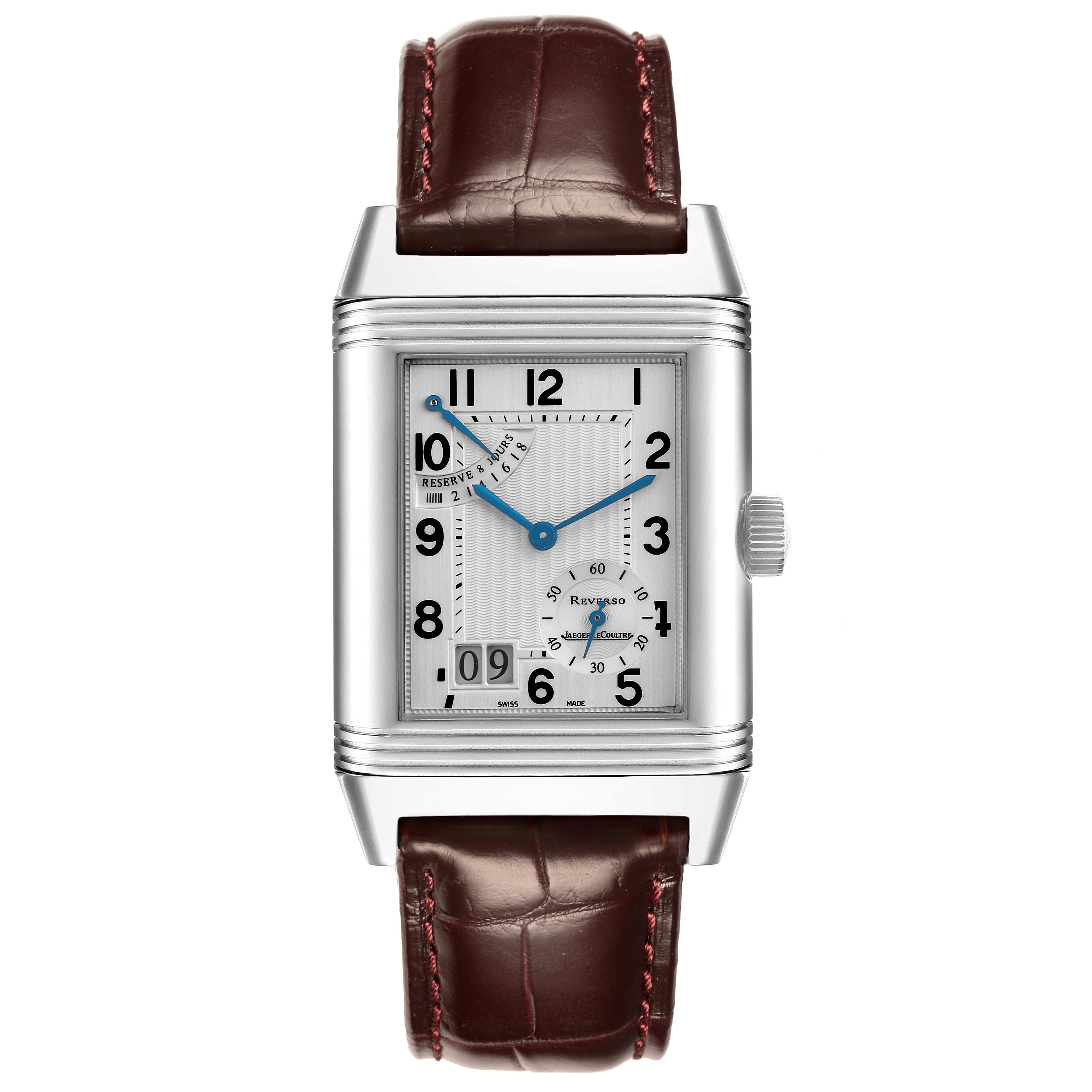 The image shows a front view of the Reverso model by Jaeger LeCoultre, highlighting the dial, case, and strap.