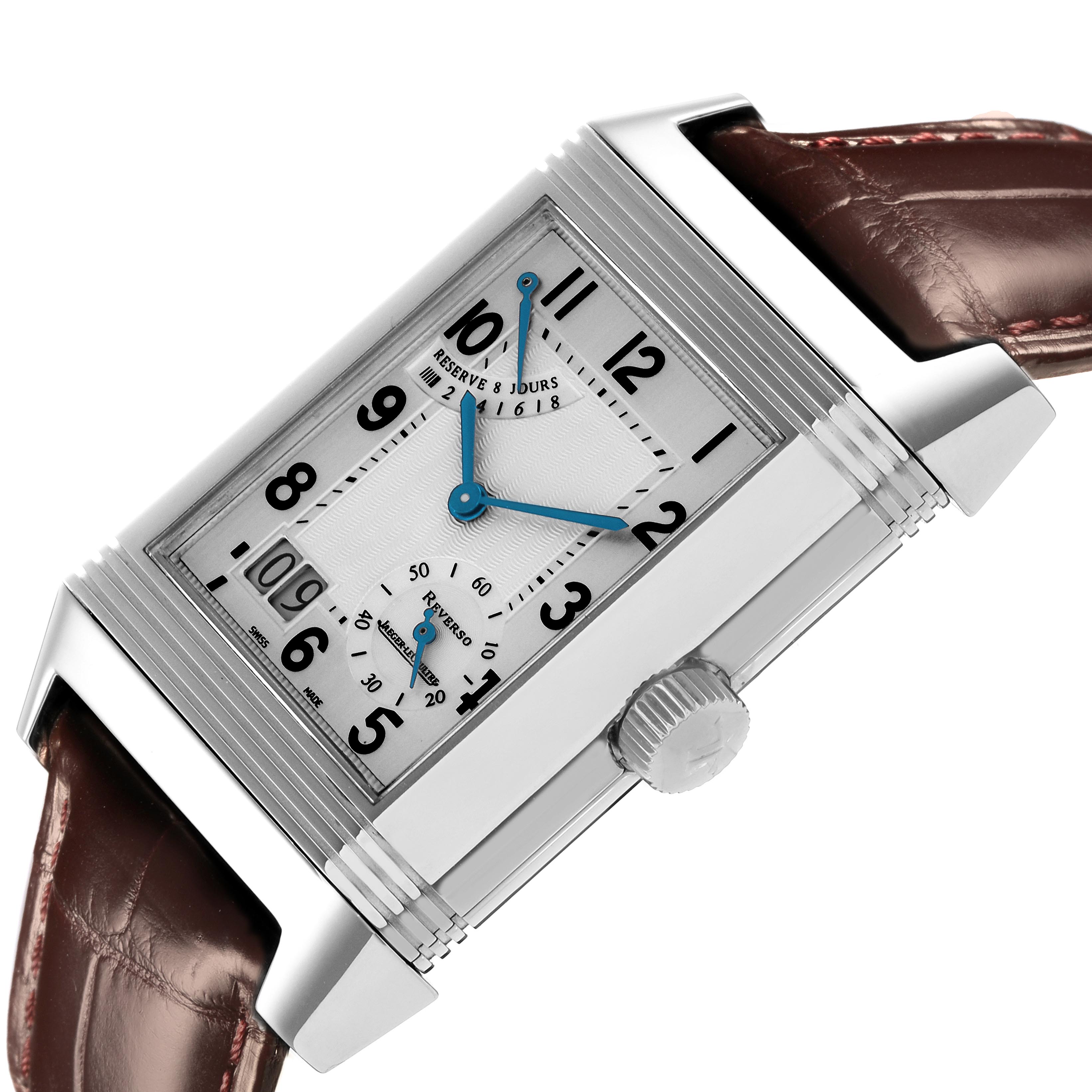 The image shows a close-up angled view of a Jaeger LeCoultre Reverso Q3008420 Men
s Stainless Steel Silver Dial Q3008420 Men
s Stainless Steel Silver Dial watch, highlighting the dial, case, crown, and leather strap.