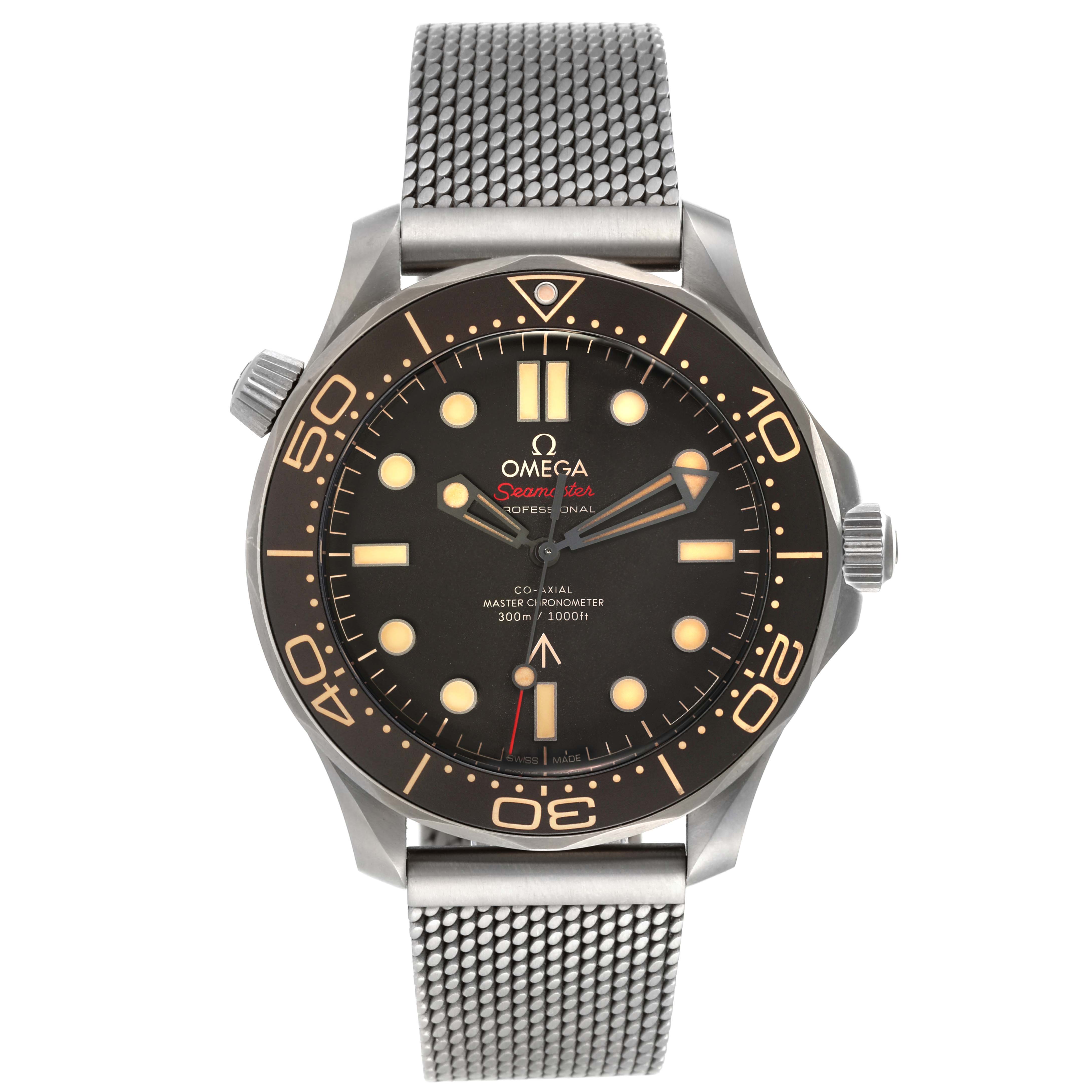 The image shows a front view of the Omega Seamaster 210.90.42.20.01.001 Men's Titanium Brown Dial 210.90.42.20.01.001 Men's Titanium Brown Dial watch, displaying the face, bezel, and metal mesh strap.