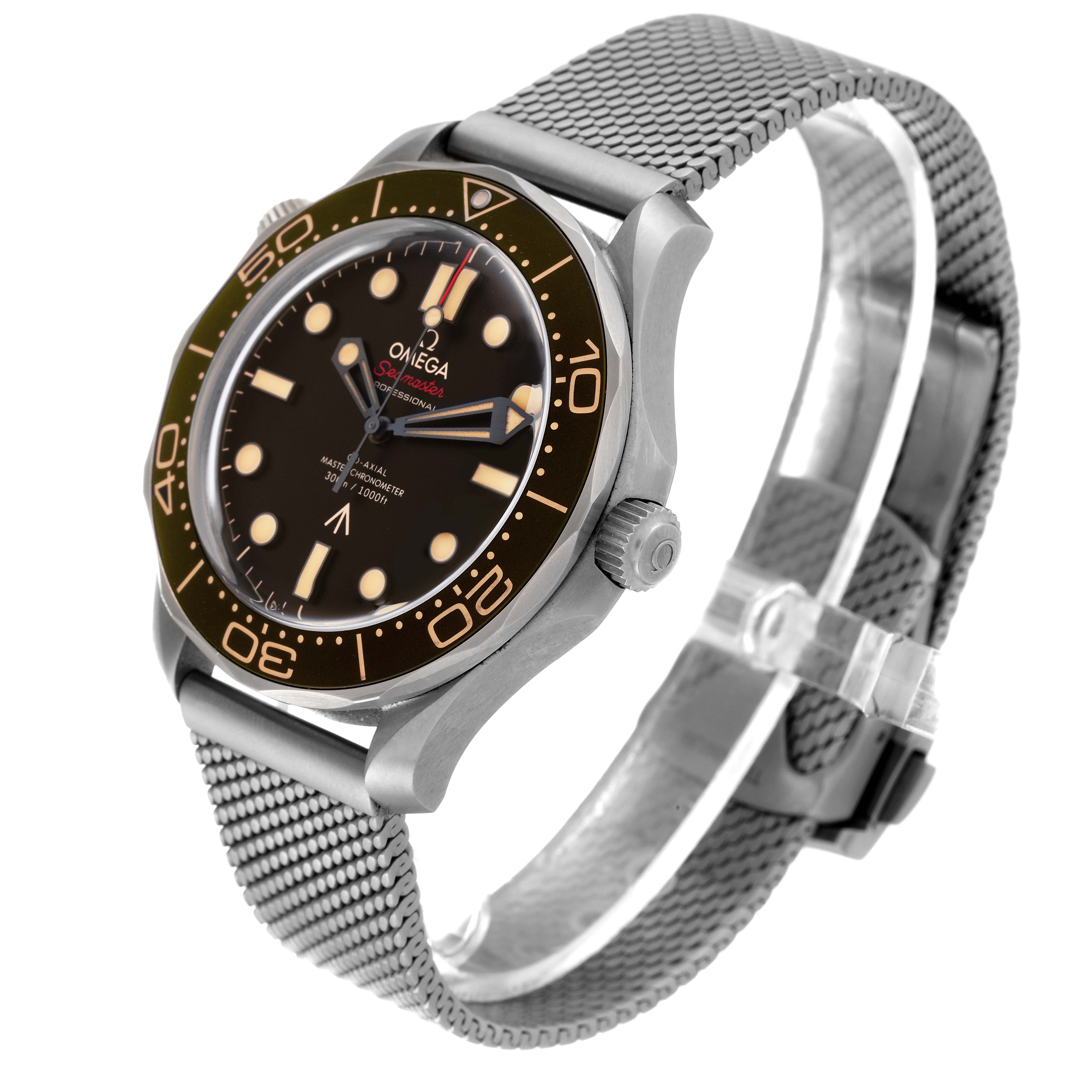 This image shows an angled view of an Omega Seamaster 210.90.42.20.01.001 Men's Titanium Brown Dial 210.90.42.20.01.001 Men's Titanium Brown Dial model, highlighting the watch face, bezel, crown, and mesh strap.