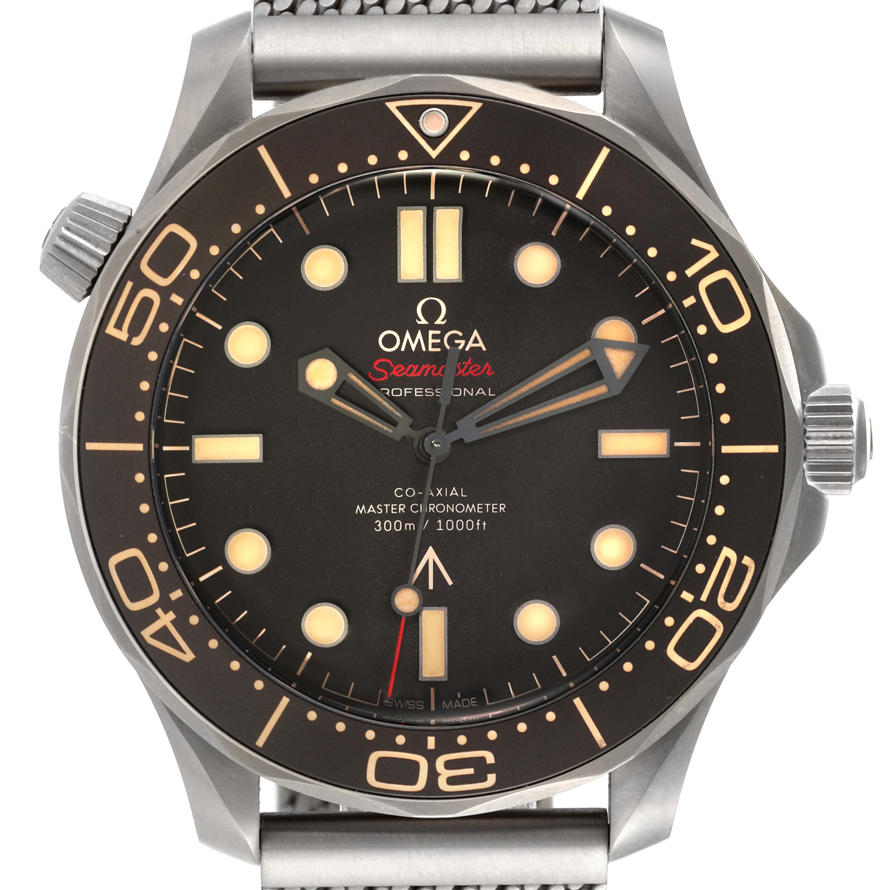 This image shows the Omega Seamaster 210.90.42.20.01.001 Men's Titanium Brown Dial 210.90.42.20.01.001 Men's Titanium Brown Dial watch face-on, highlighting the dial, bezel, hands, and crown.