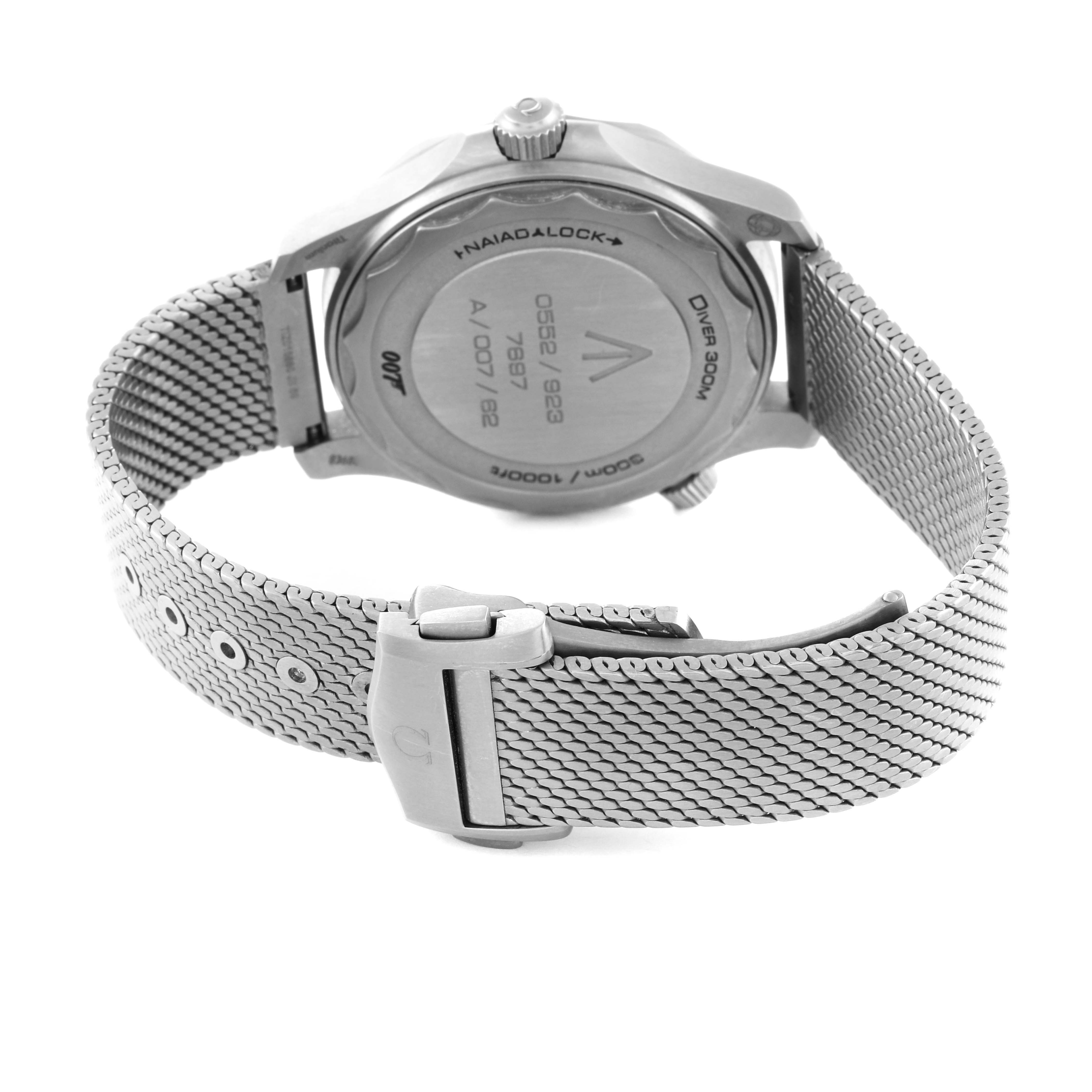 The image shows the back view of an Omega Seamaster 210.90.42.20.01.001 Men's Titanium Brown Dial 210.90.42.20.01.001 Men's Titanium Brown Dial watch, highlighting the case back and metal mesh strap.