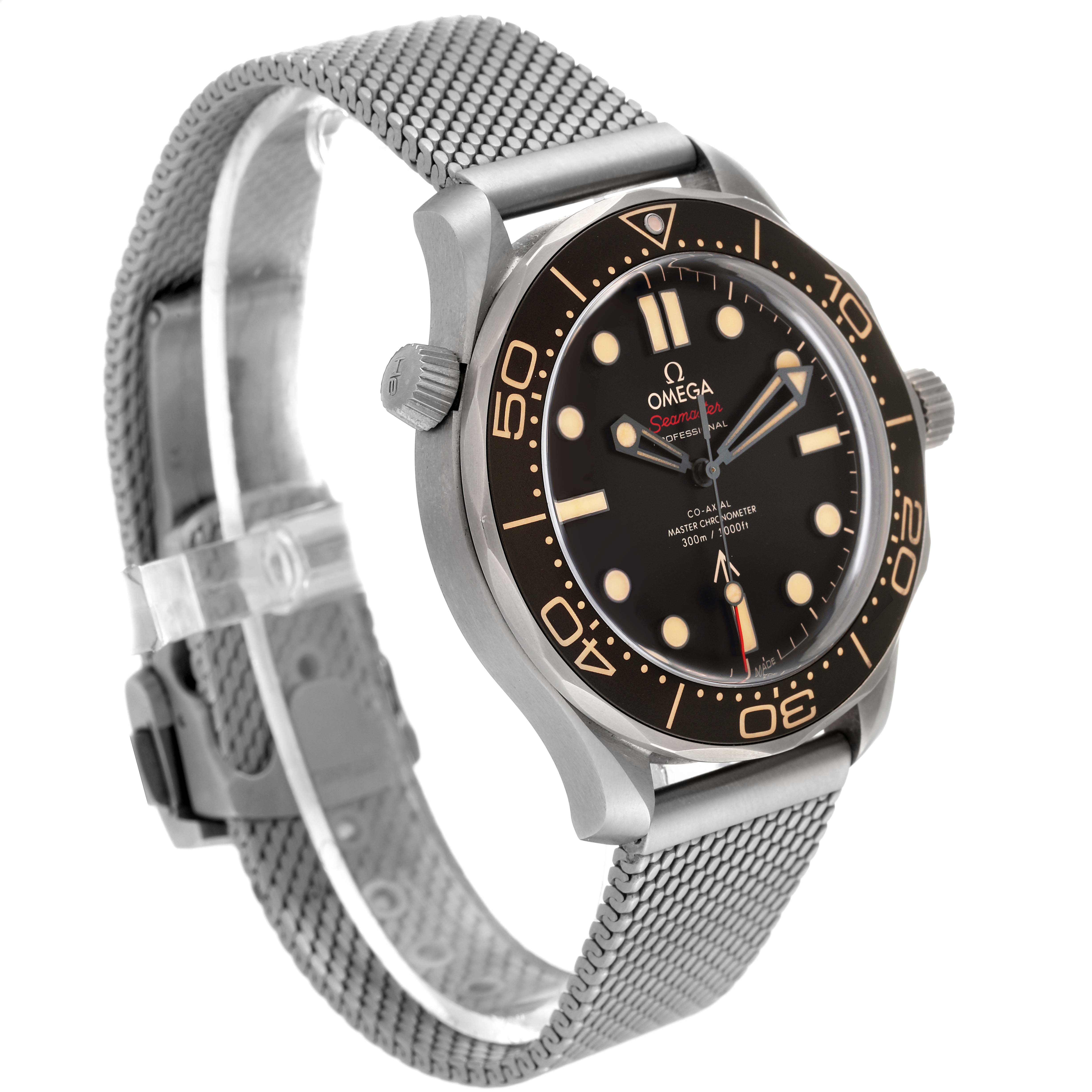 The image shows a side angle of an Omega Seamaster 210.90.42.20.01.001 Men's Titanium Brown Dial 210.90.42.20.01.001 Men's Titanium Brown Dial watch, highlighting its dial, bezel, and mesh bracelet.
