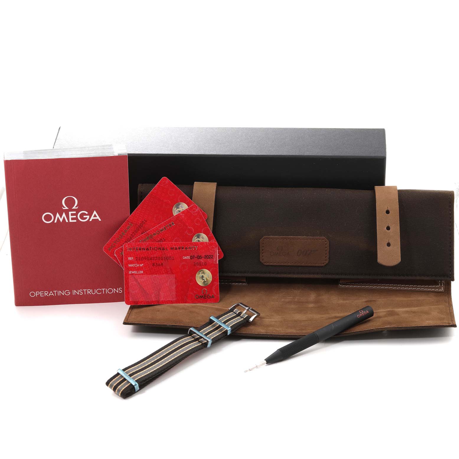 The image shows Omega Seamaster 210.90.42.20.01.001 Men's Titanium Brown Dial 210.90.42.20.01.001 Men's Titanium Brown Dial accessories, including a carrying case, extra strap, changing tool, warranty cards, and manual.