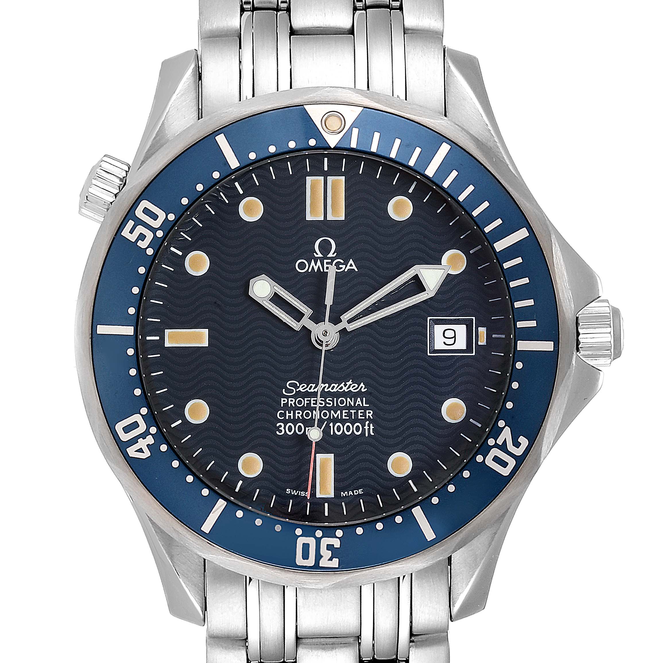 The Omega Seamaster 2531.80.00 Men
s Stainless Steel Blue Dial 2531.80.00 Men
s Stainless Steel Blue Dial watch is shown from a front angle, featuring the dial, bezel, and part of the metal bracelet.