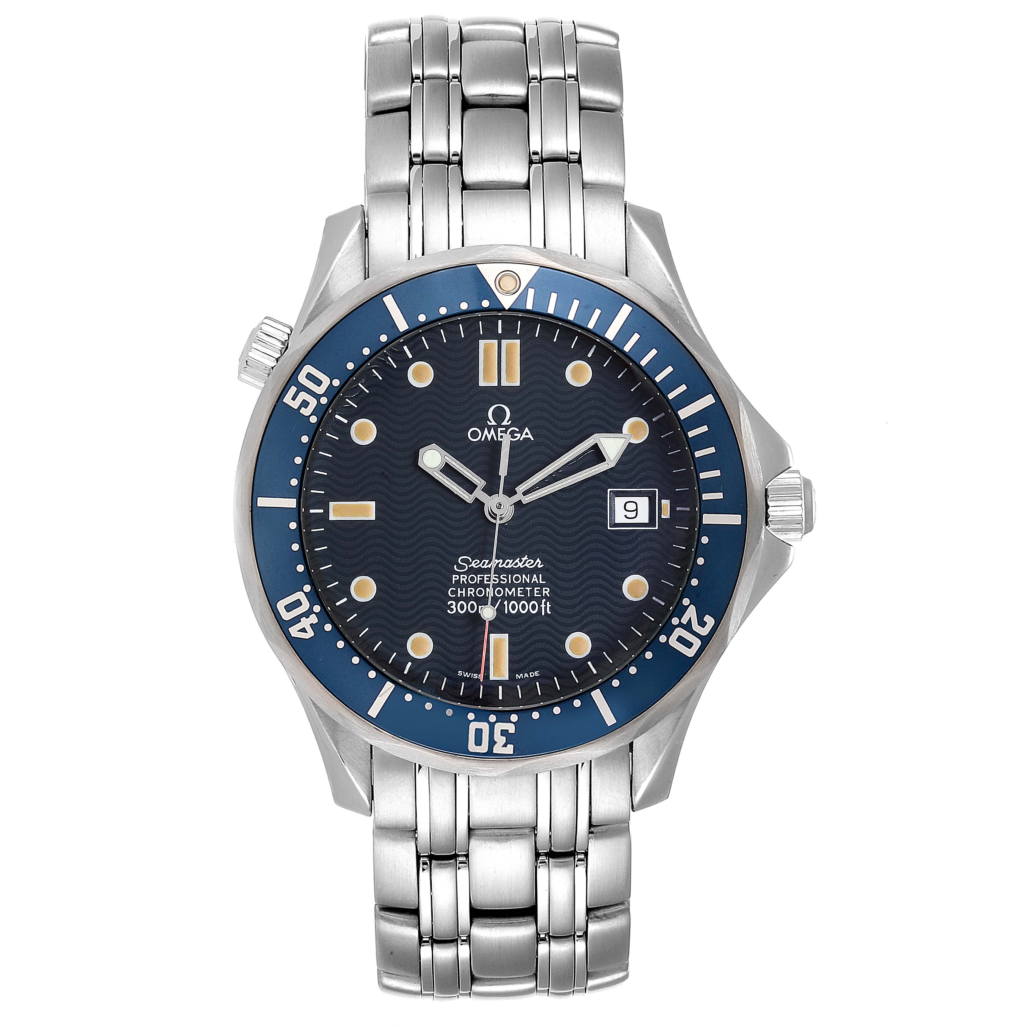 The image shows a front view of an Omega Seamaster 2531.80.00 Men
s Stainless Steel Blue Dial 2531.80.00 Men
s Stainless Steel Blue Dial watch, highlighting the dial, bezel, and stainless steel bracelet.
