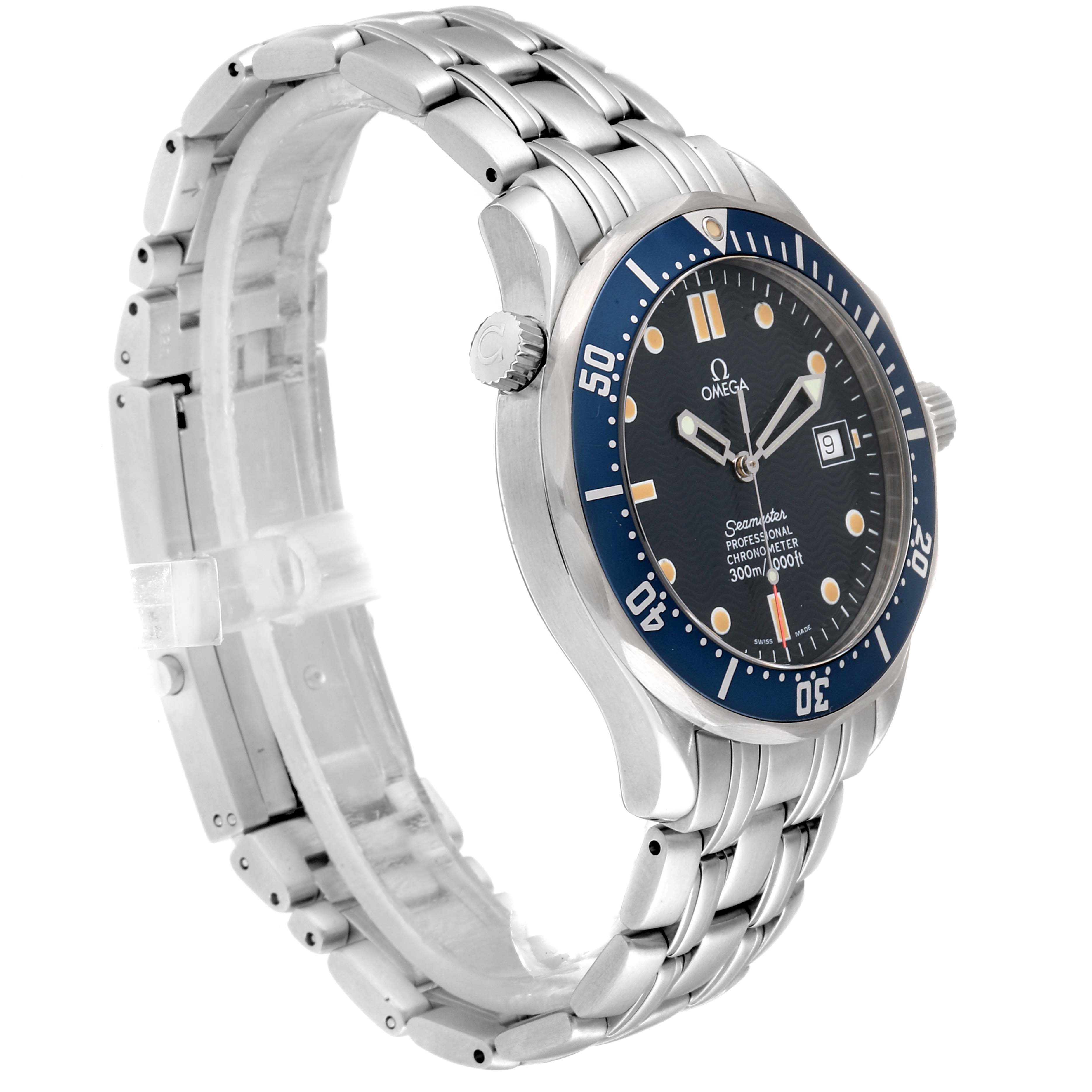 The Omega Seamaster 2531.80.00 Men
s Stainless Steel Blue Dial 2531.80.00 Men
s Stainless Steel Blue Dial watch is displayed at a three-quarter angle, showcasing the dial, bezel, crown, and metal bracelet.