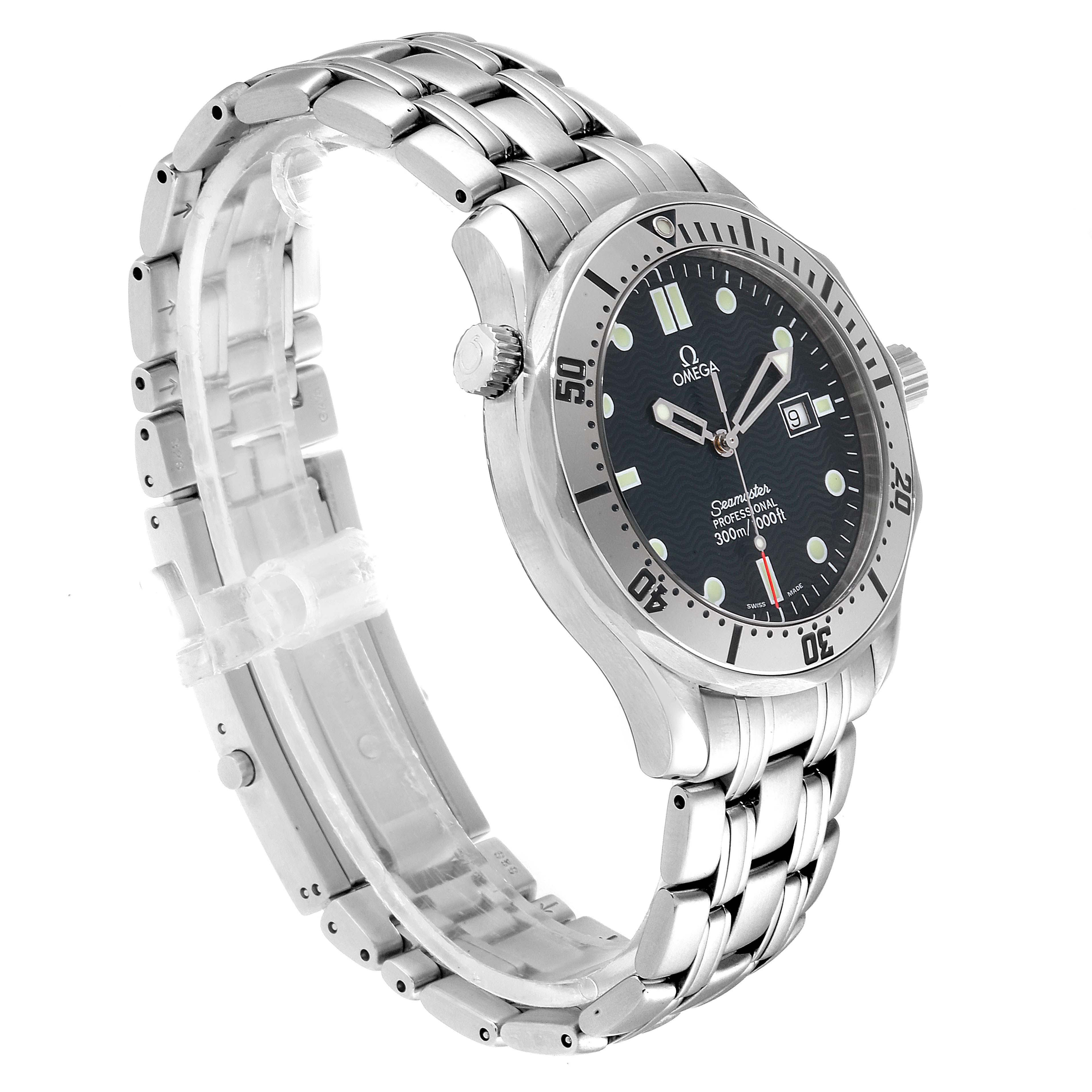 The Omega Seamaster 2542.80.00 Men
s Stainless Steel Blue Dial 2542.80.00 Men
s Stainless Steel Blue Dial watch is shown at a slight side angle, highlighting the bezel, dial, crown, and stainless steel bracelet.