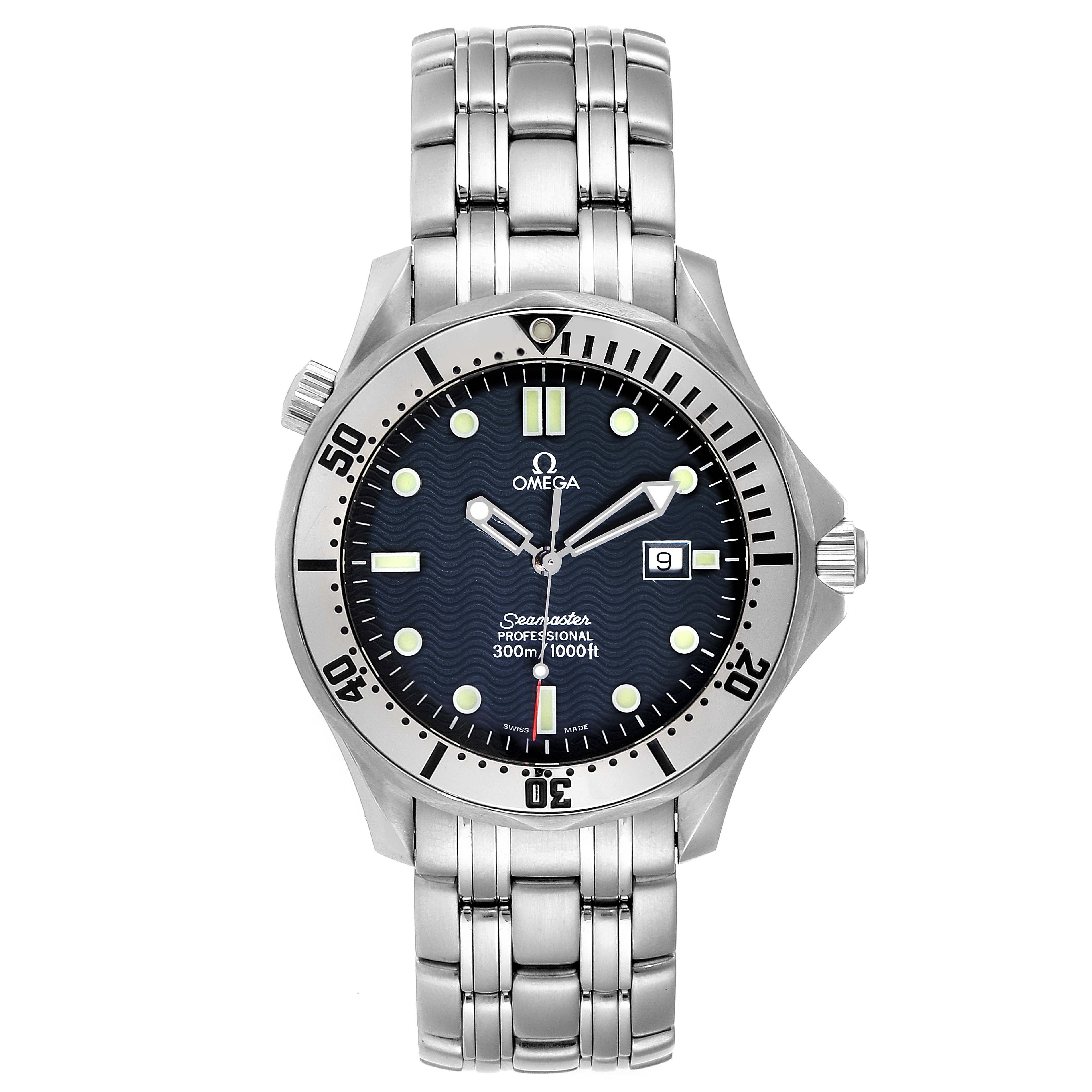 The image shows a front view of the Omega Seamaster 2542.80.00 Men
s Stainless Steel Blue Dial 2542.80.00 Men
s Stainless Steel Blue Dial watch, highlighting its dial, bezel, and bracelet.