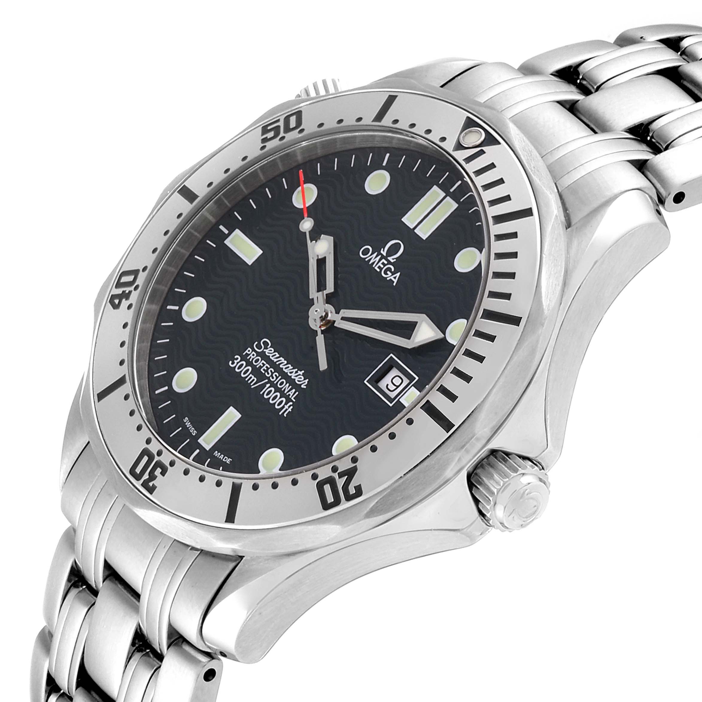 The Omega Seamaster 2542.80.00 Men
s Stainless Steel Blue Dial 2542.80.00 Men
s Stainless Steel Blue Dial watch is shown at a front angle, featuring the dial, bezel, and part of the bracelet.