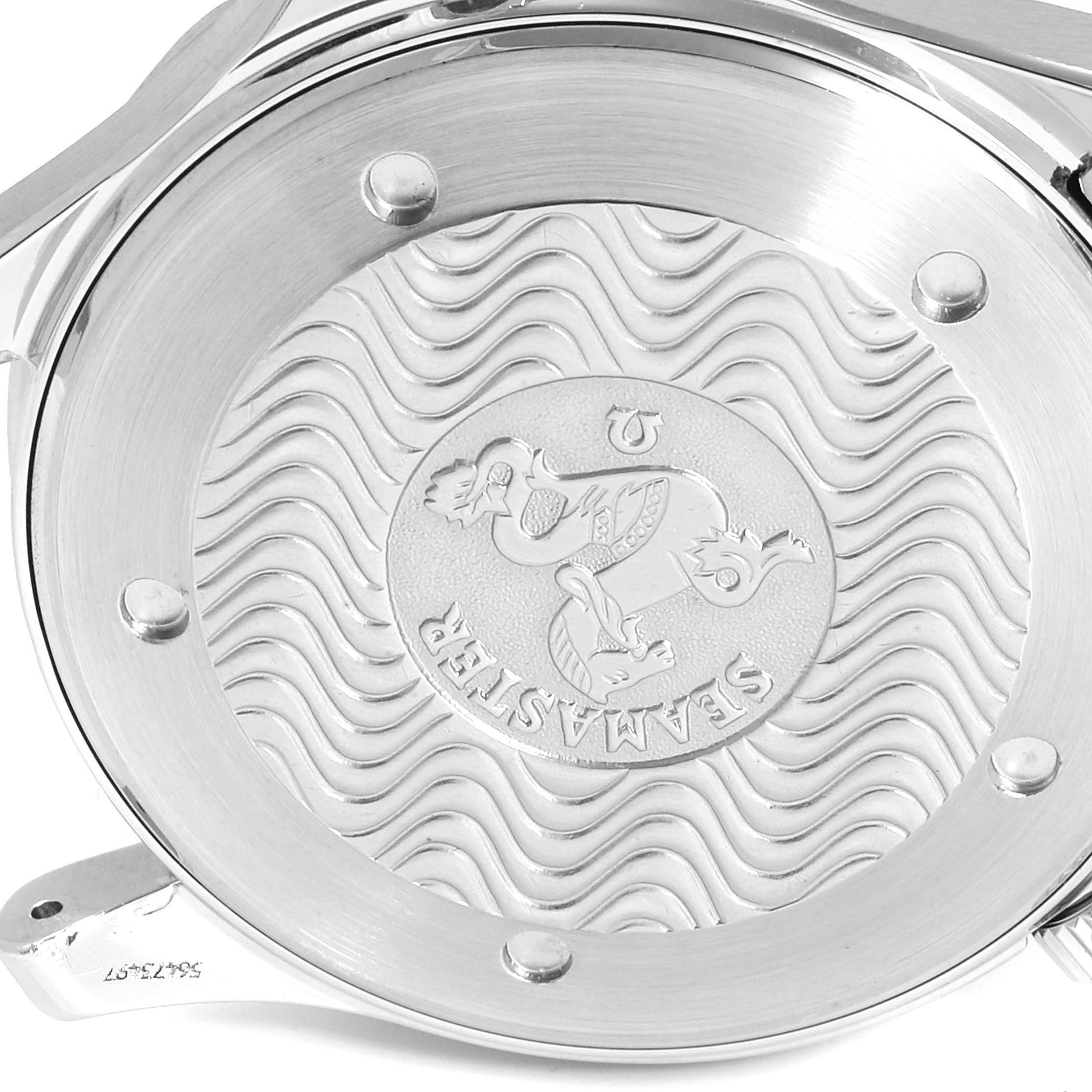 The image shows the engraved case back of an Omega Seamaster 2542.80.00 Men
s Stainless Steel Blue Dial 2542.80.00 Men
s Stainless Steel Blue Dial watch, featuring a wave pattern and the Seamaster logo.