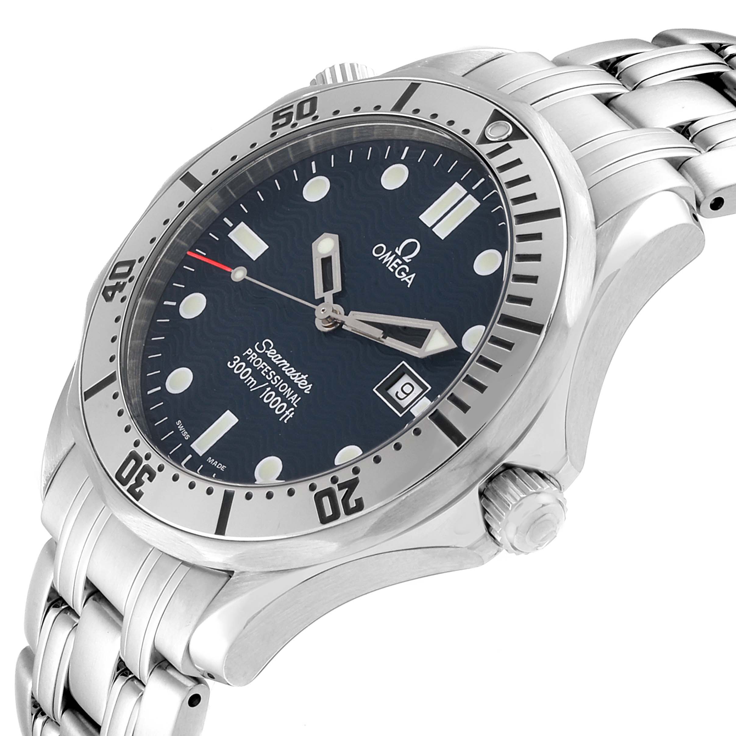 The image shows an angled view of the Omega Seamaster 2542.80.00 Men
s Stainless Steel Blue Dial 2542.80.00 Men
s Stainless Steel Blue Dial watch, highlighting the face, crown, bezel, and band.