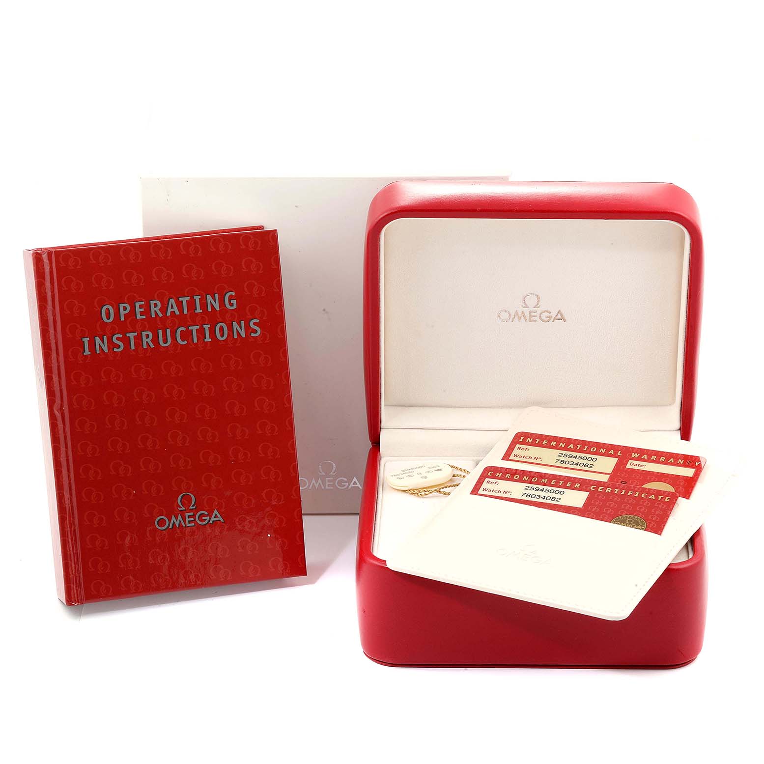 The image shows the Omega Seamaster 2594.50.00 Men
s Stainless Steel Black Dial 2594.50.00 Men
s Stainless Steel Black Dial operating instructions, warranty cards, and an open red watch box.