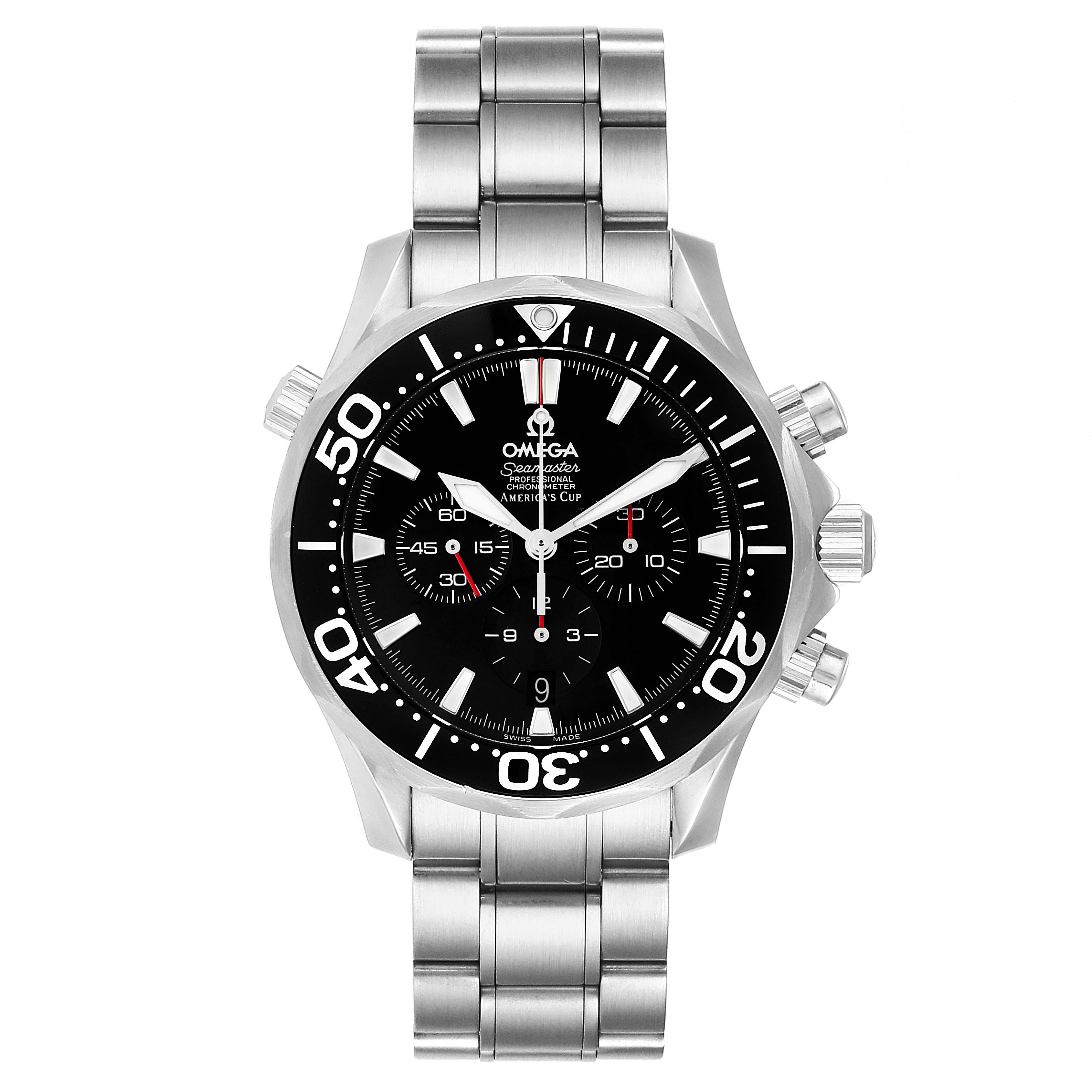 The Omega Seamaster 2594.50.00 Men
s Stainless Steel Black Dial 2594.50.00 Men
s Stainless Steel Black Dial watch is shown from a front view, displaying the face, bezel, crown, pushers, and metal bracelet.