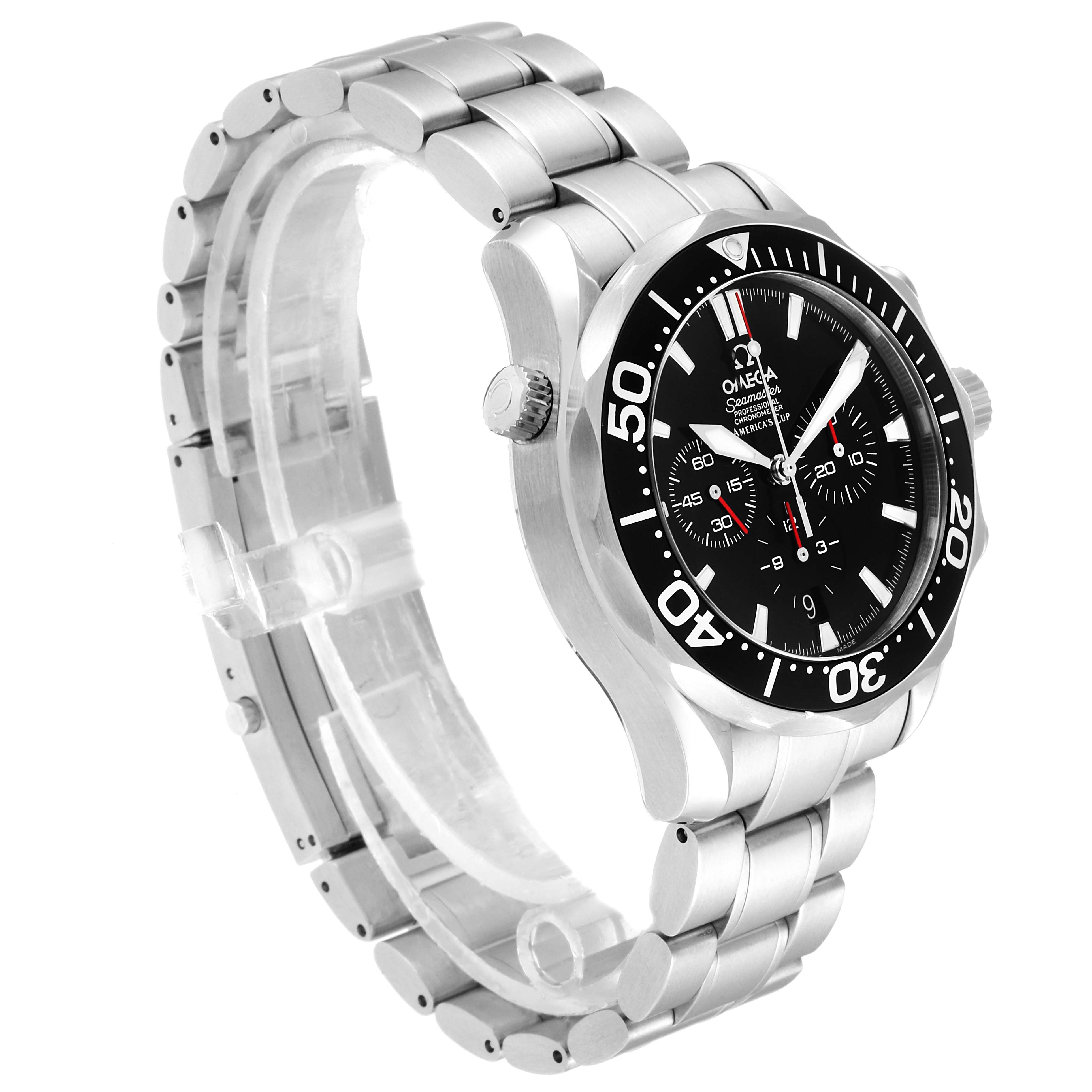 This image shows a side angle of an Omega Seamaster 2594.50.00 Men
s Stainless Steel Black Dial 2594.50.00 Men
s Stainless Steel Black Dial watch, highlighting the bezel, dial, crown, and stainless steel bracelet.