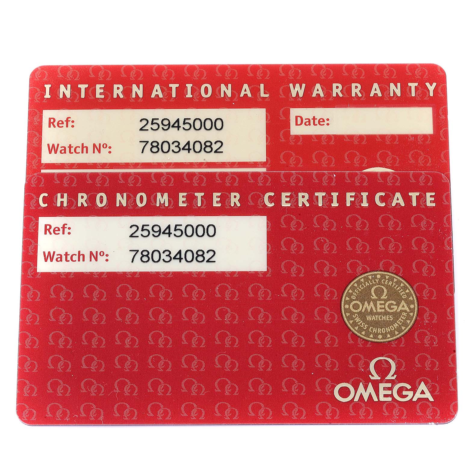 The image shows the international warranty and chronometer certificate cards for the Omega Seamaster 2594.50.00 Men
s Stainless Steel Black Dial 2594.50.00 Men
s Stainless Steel Black Dial watch.