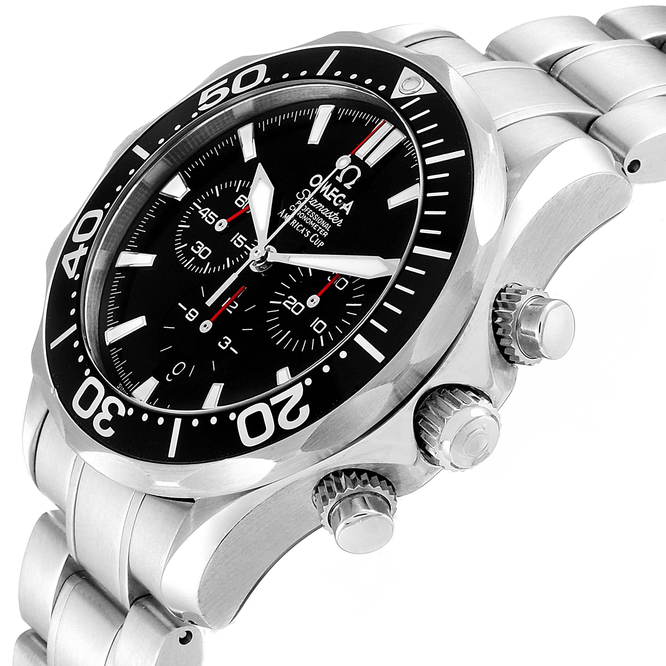 The image shows a side and partial front view of an Omega Seamaster 2594.50.00 Men
s Stainless Steel Black Dial 2594.50.00 Men
s Stainless Steel Black Dial watch, highlighting its bezel, crown, and chronograph pushers.