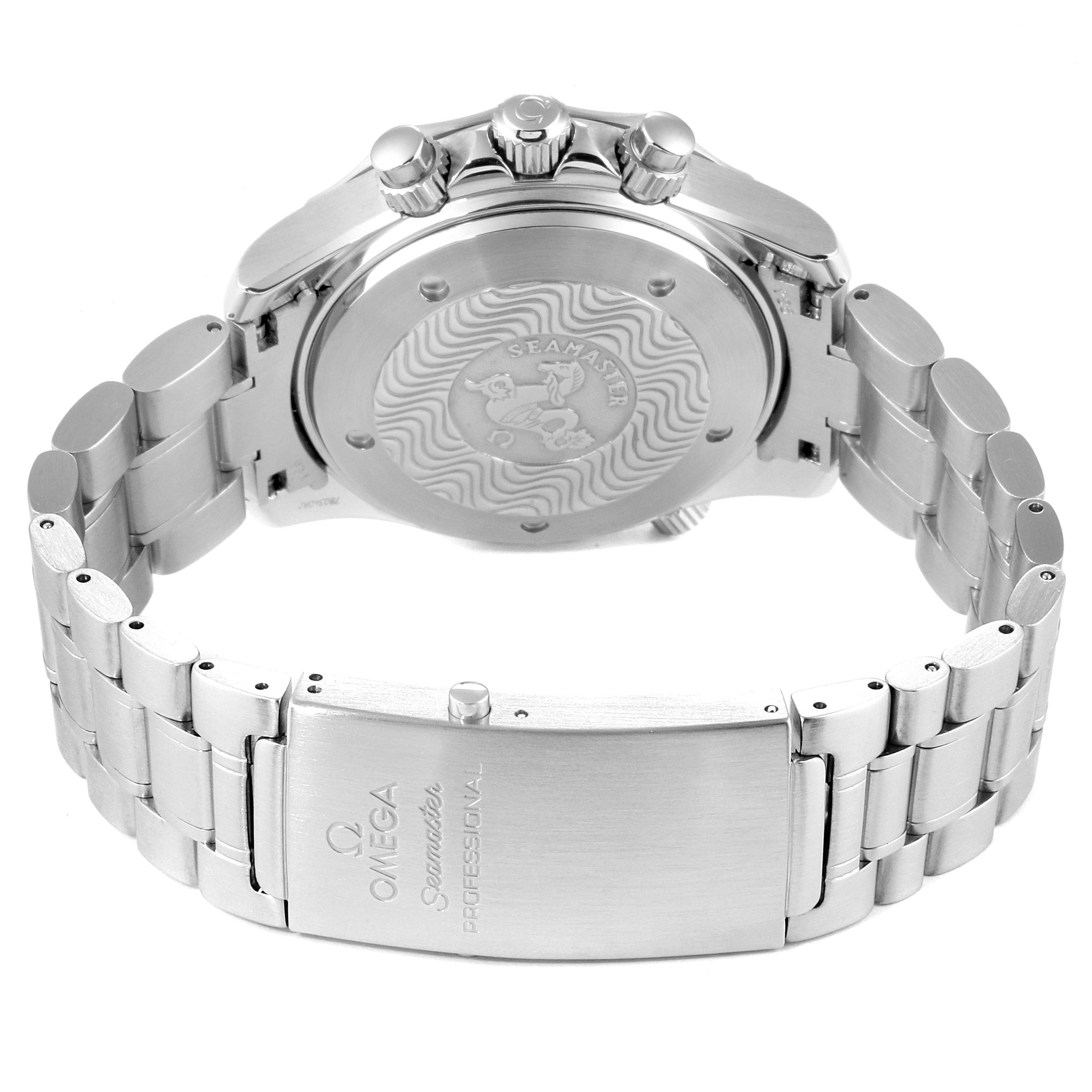 The image shows the back case, crown, and clasp of the Omega Seamaster 2594.50.00 Men
s Stainless Steel Black Dial 2594.50.00 Men
s Stainless Steel Black Dial watch.