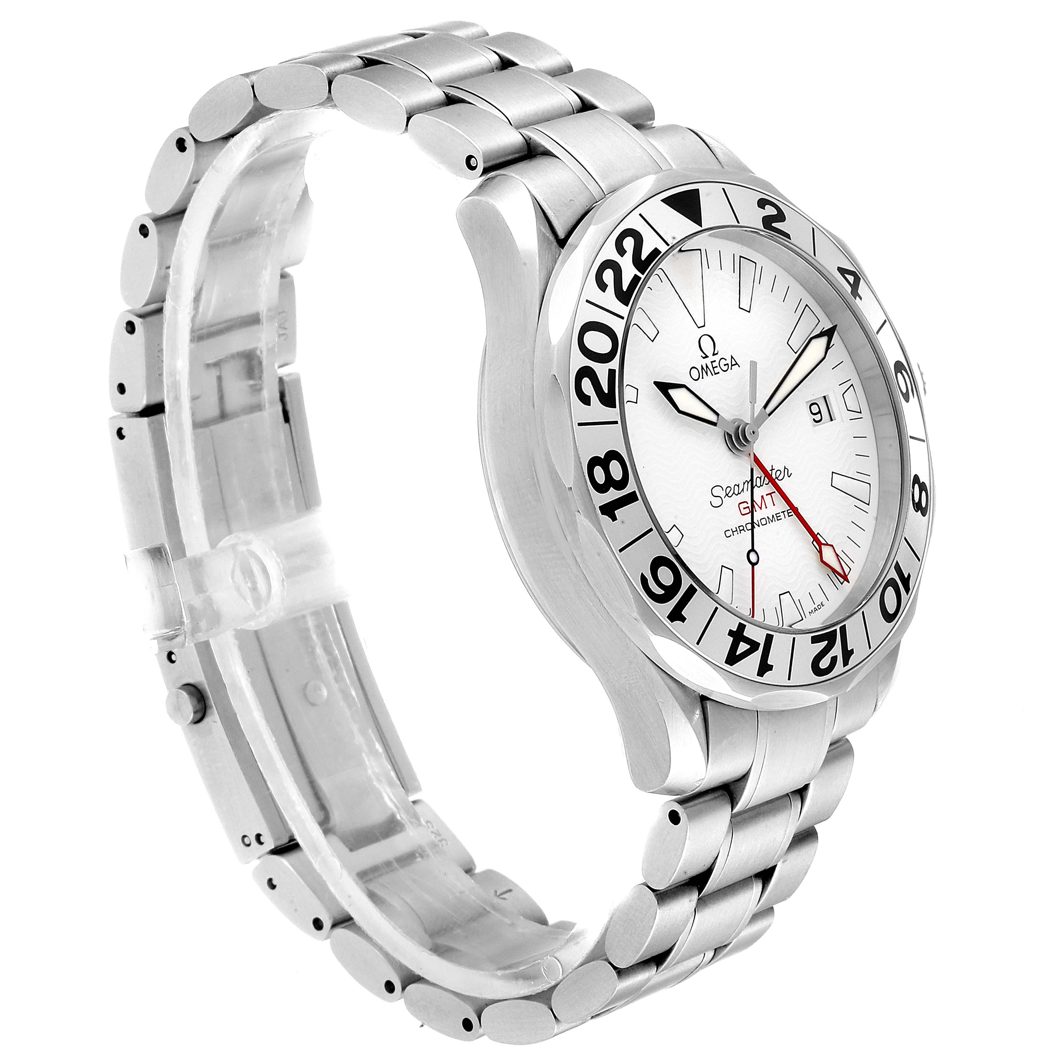 This image shows an Omega Seamaster 2538.20.00 Men's Stainless Steel White Dial 2538.20.00 Men's Stainless Steel White Dial GMT watch from a 3/4 front angle, highlighting the dial, bezel, and metal bracelet.