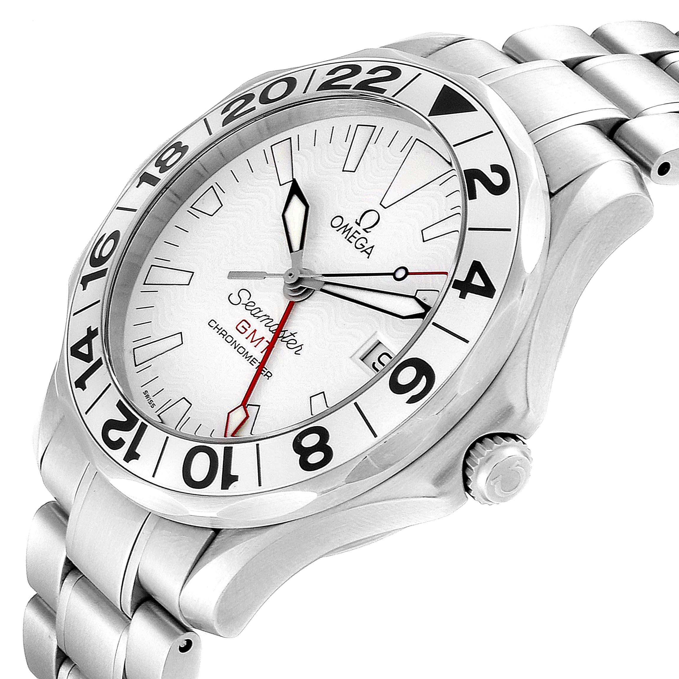The image shows a side angle view of an Omega Seamaster 2538.20.00 Men's Stainless Steel White Dial 2538.20.00 Men's Stainless Steel White Dial GMT Chronometer watch, displaying the dial, crown, bezel, and part of the bracelet.