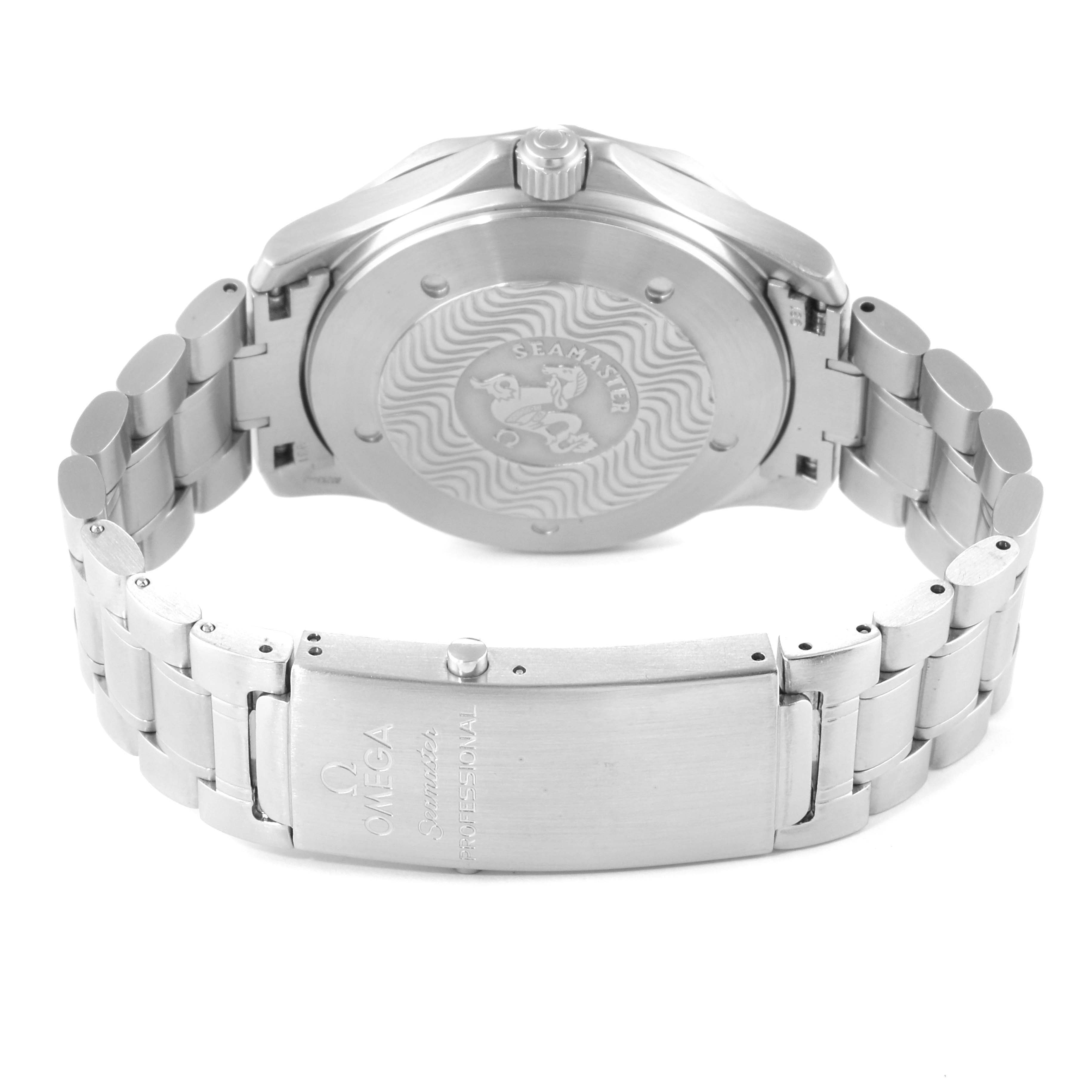 This image shows the back case and clasp of an Omega Seamaster 2538.20.00 Men's Stainless Steel White Dial 2538.20.00 Men's Stainless Steel White Dial watch, highlighting its bracelet and engraved details.