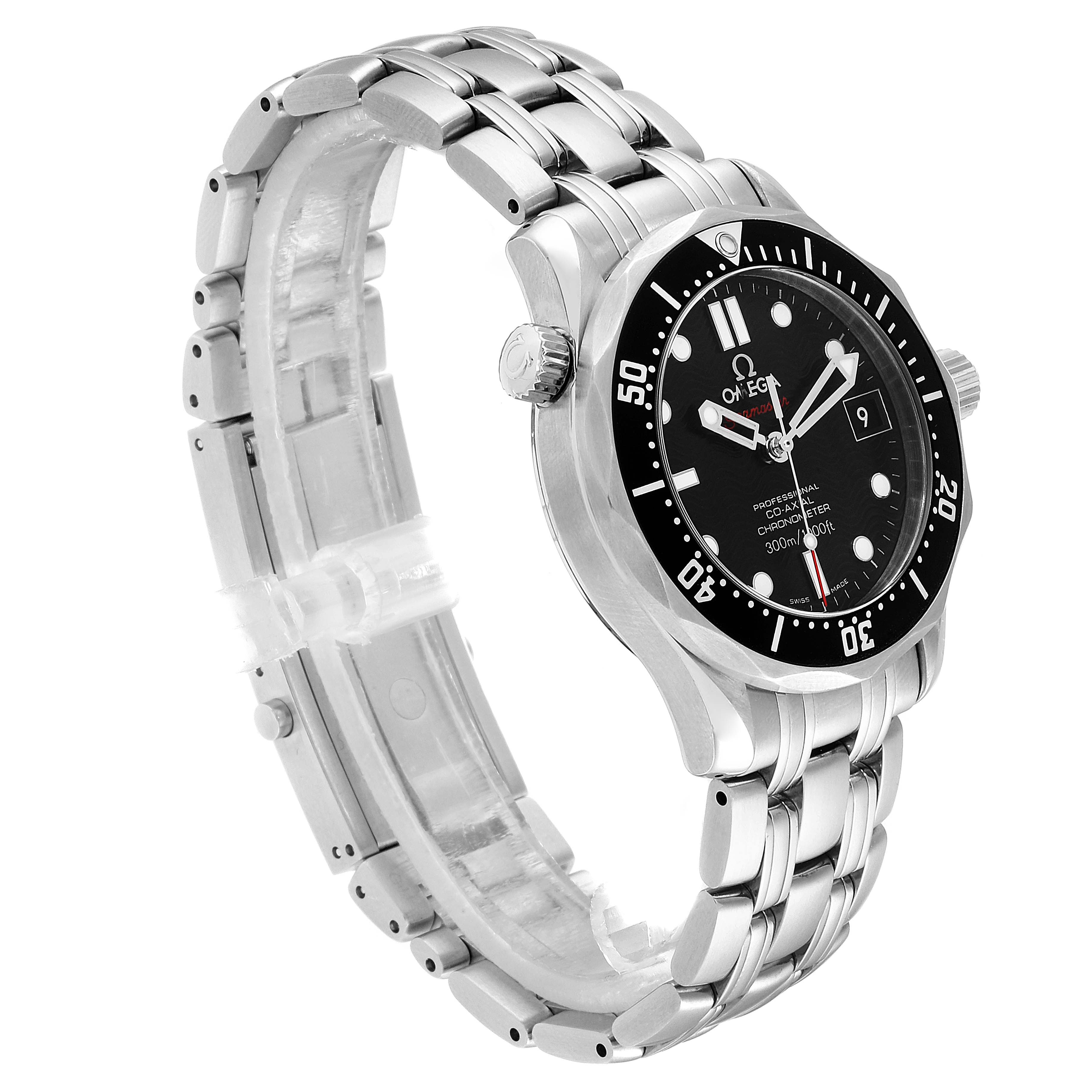 This image shows a side angle of an Omega Seamaster 212.30.36.20.01.001 Men
s Stainless Steel Black Dial 212.30.36.20.01.001 Men
s Stainless Steel Black Dial watch, highlighting the bracelet, case, bezel, and crown.