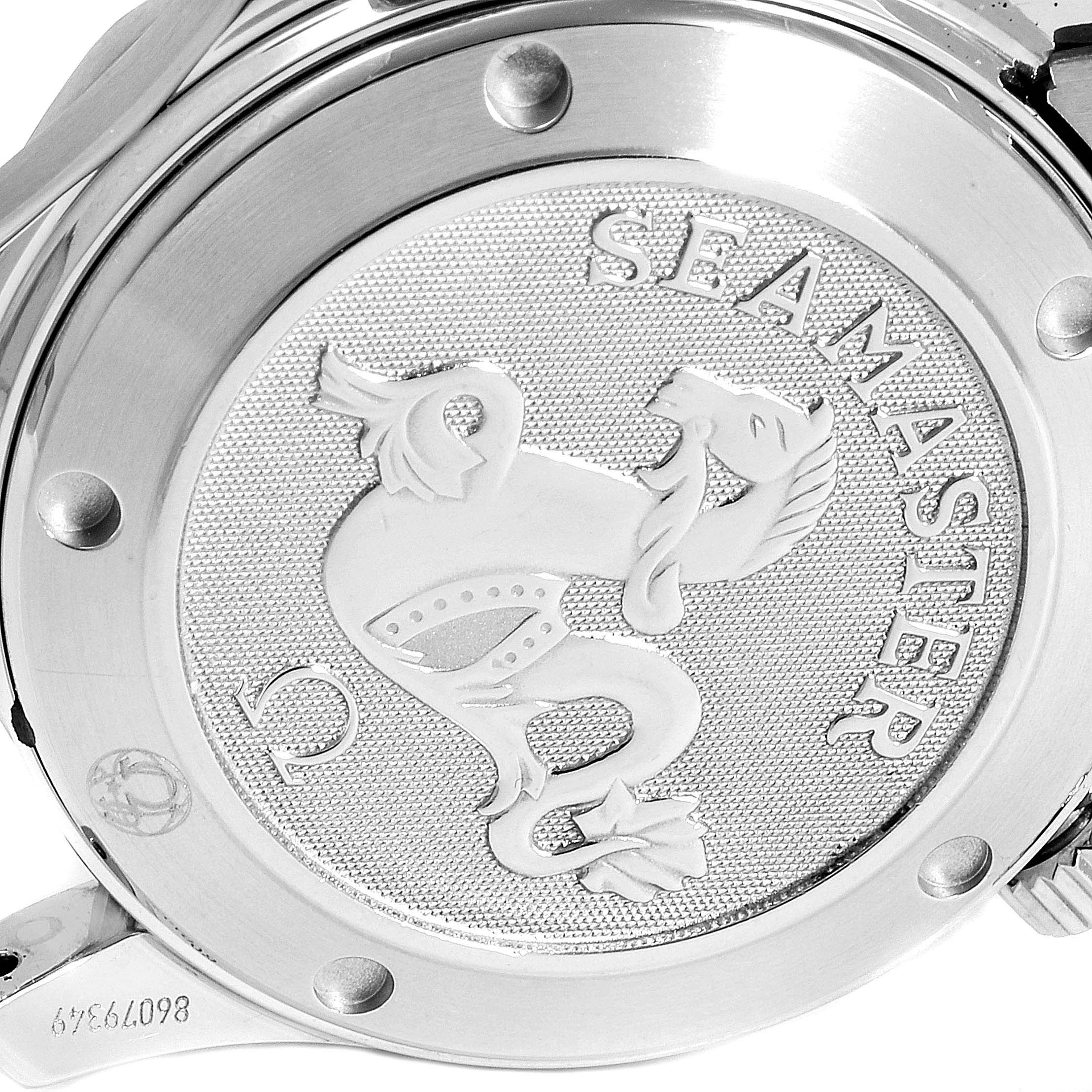 The image shows the case back of an Omega Seamaster 212.30.36.20.01.001 Men
s Stainless Steel Black Dial 212.30.36.20.01.001 Men
s Stainless Steel Black Dial watch, featuring the engraved seahorse emblem and "Seamaster" text.