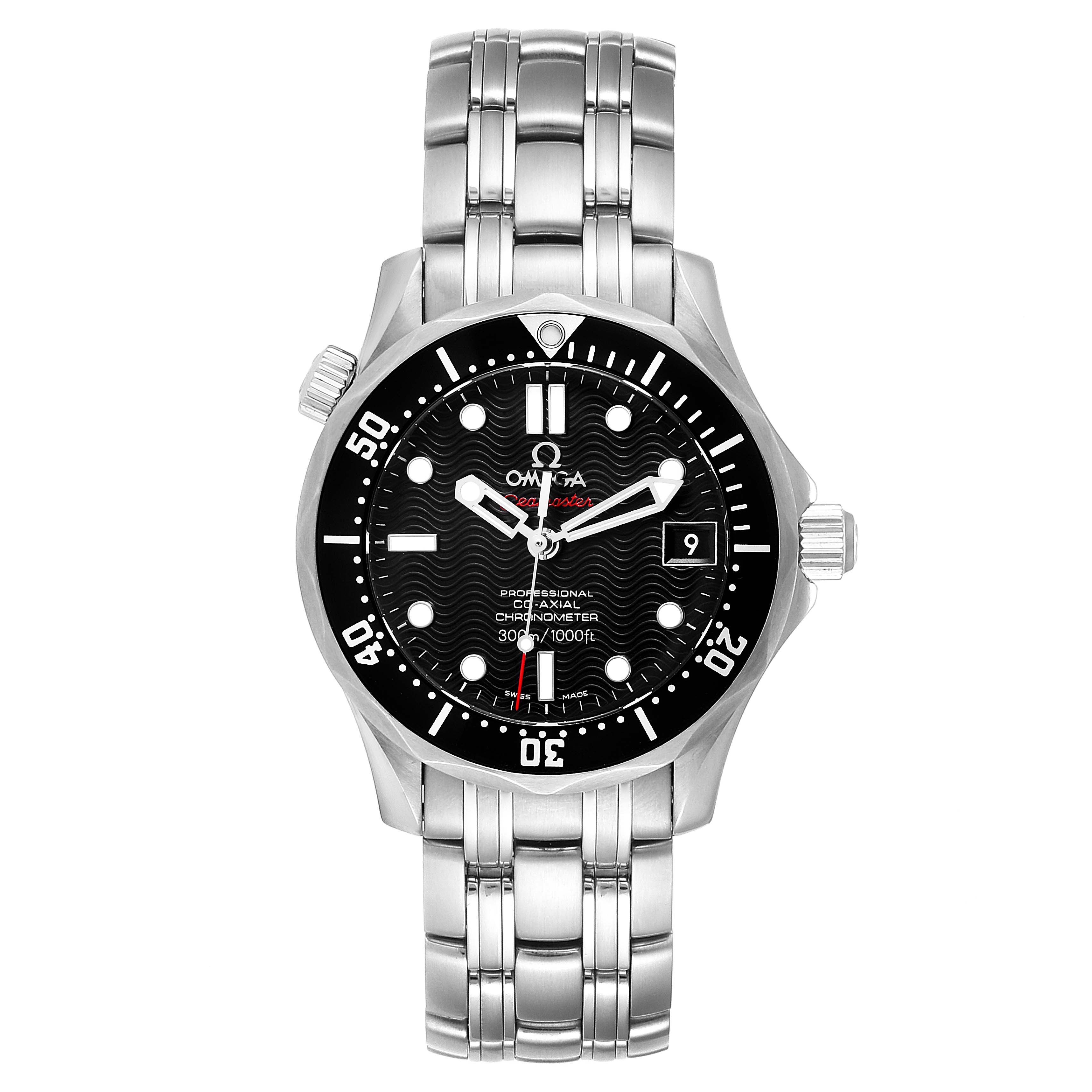 This image shows a front view of the Omega Seamaster 212.30.36.20.01.001 Men
s Stainless Steel Black Dial 212.30.36.20.01.001 Men
s Stainless Steel Black Dial watch, displaying the dial, bezel, and metal bracelet.