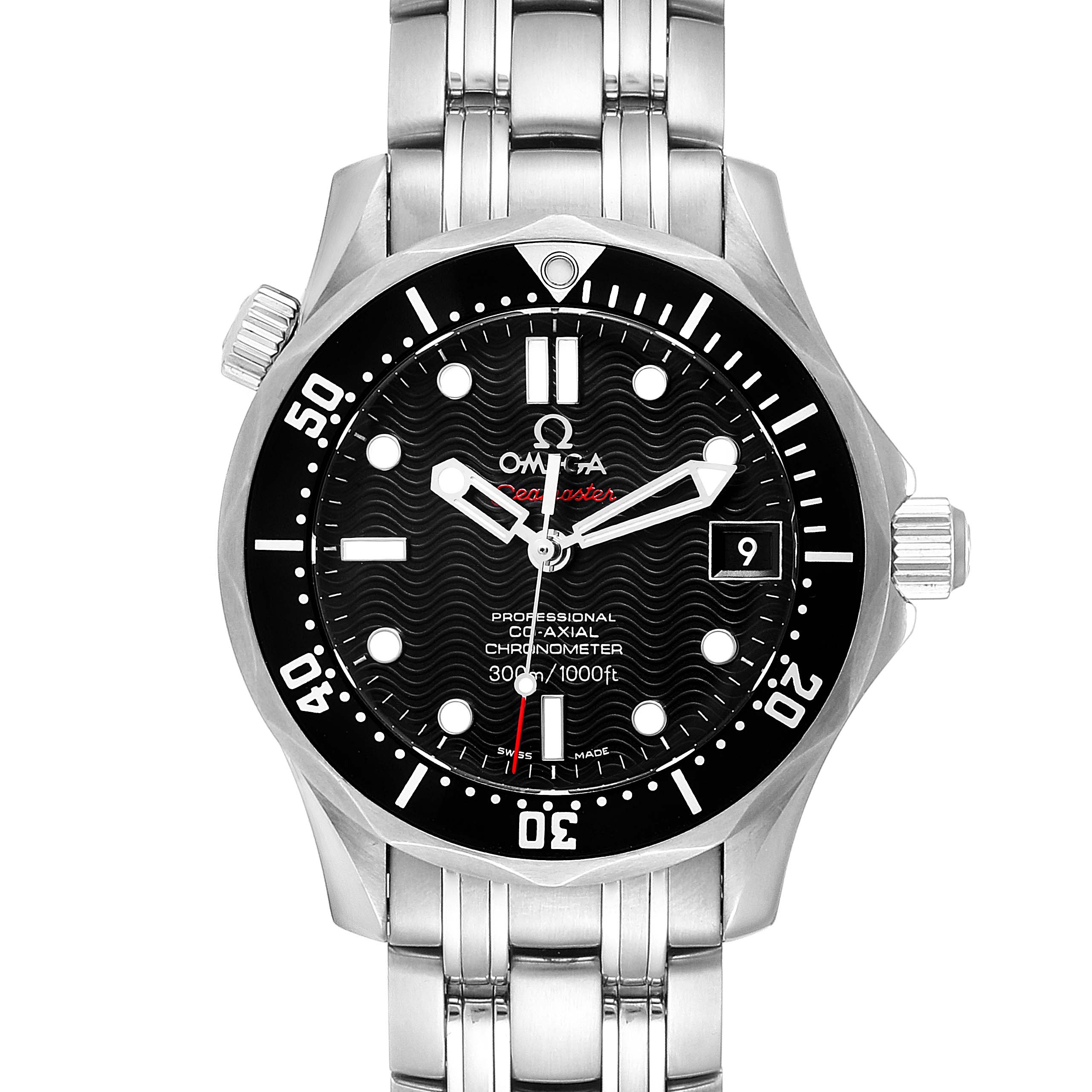 This image shows the front view of the Omega Seamaster 212.30.36.20.01.001 Men
s Stainless Steel Black Dial 212.30.36.20.01.001 Men
s Stainless Steel Black Dial watch, featuring its face, bezel, and metal band.