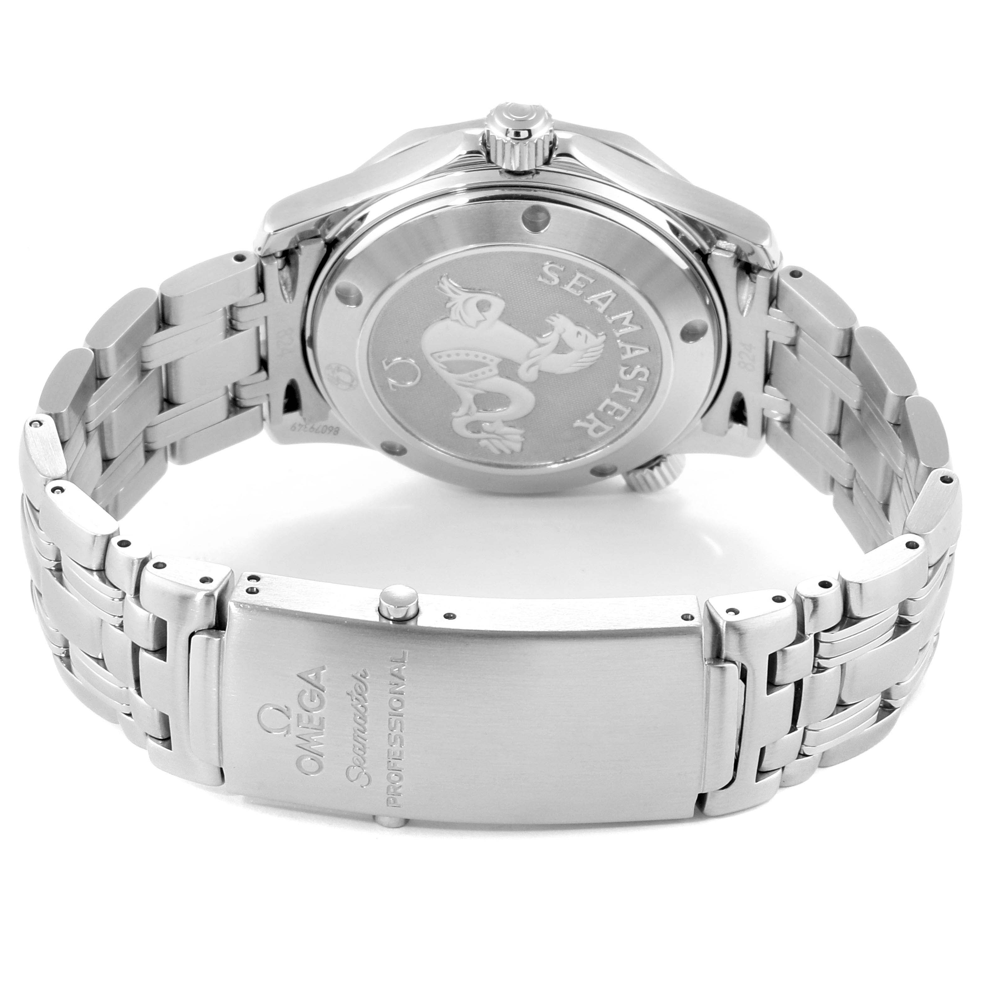 This image shows the back and bracelet clasp of an Omega Seamaster 212.30.36.20.01.001 Men
s Stainless Steel Black Dial 212.30.36.20.01.001 Men
s Stainless Steel Black Dial watch at a slight angle.