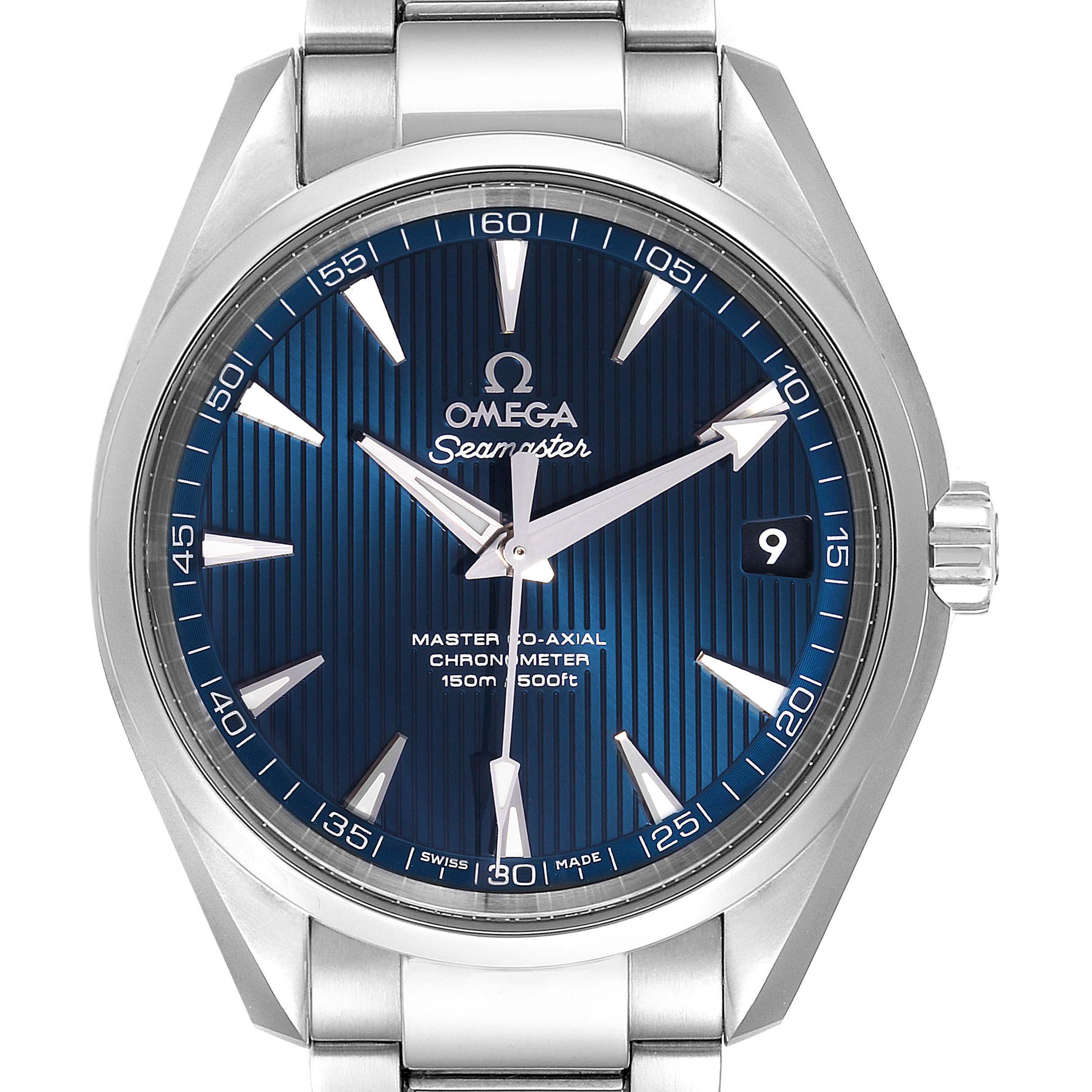 The image shows a front view of the Omega Aqua Terra 231.10.39.21.03.002 Men
s Stainless Steel Blue Dial 231.10.39.21.03.002 Men
s Stainless Steel Blue Dial Seamaster watch, highlighting the dial, hands, date window, and bracelet.