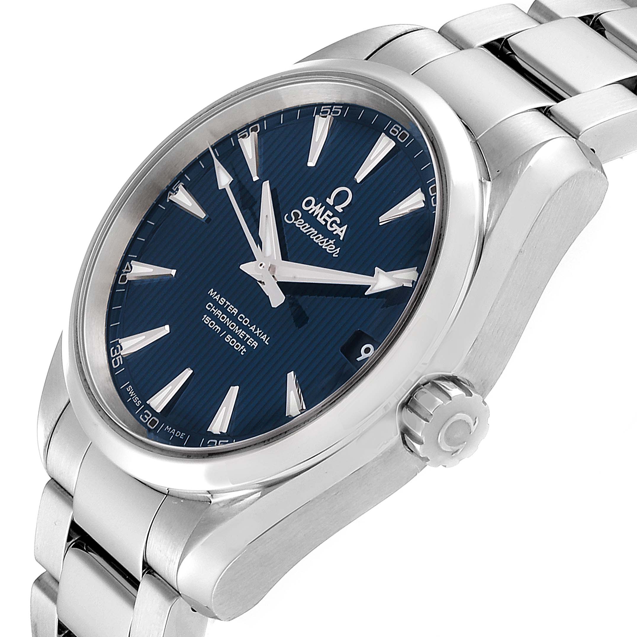 This image shows an angled view of an Omega Aqua Terra 231.10.39.21.03.002 Men
s Stainless Steel Blue Dial 231.10.39.21.03.002 Men
s Stainless Steel Blue Dial watch, highlighting the dial, bezel, crown, and part of the bracelet.