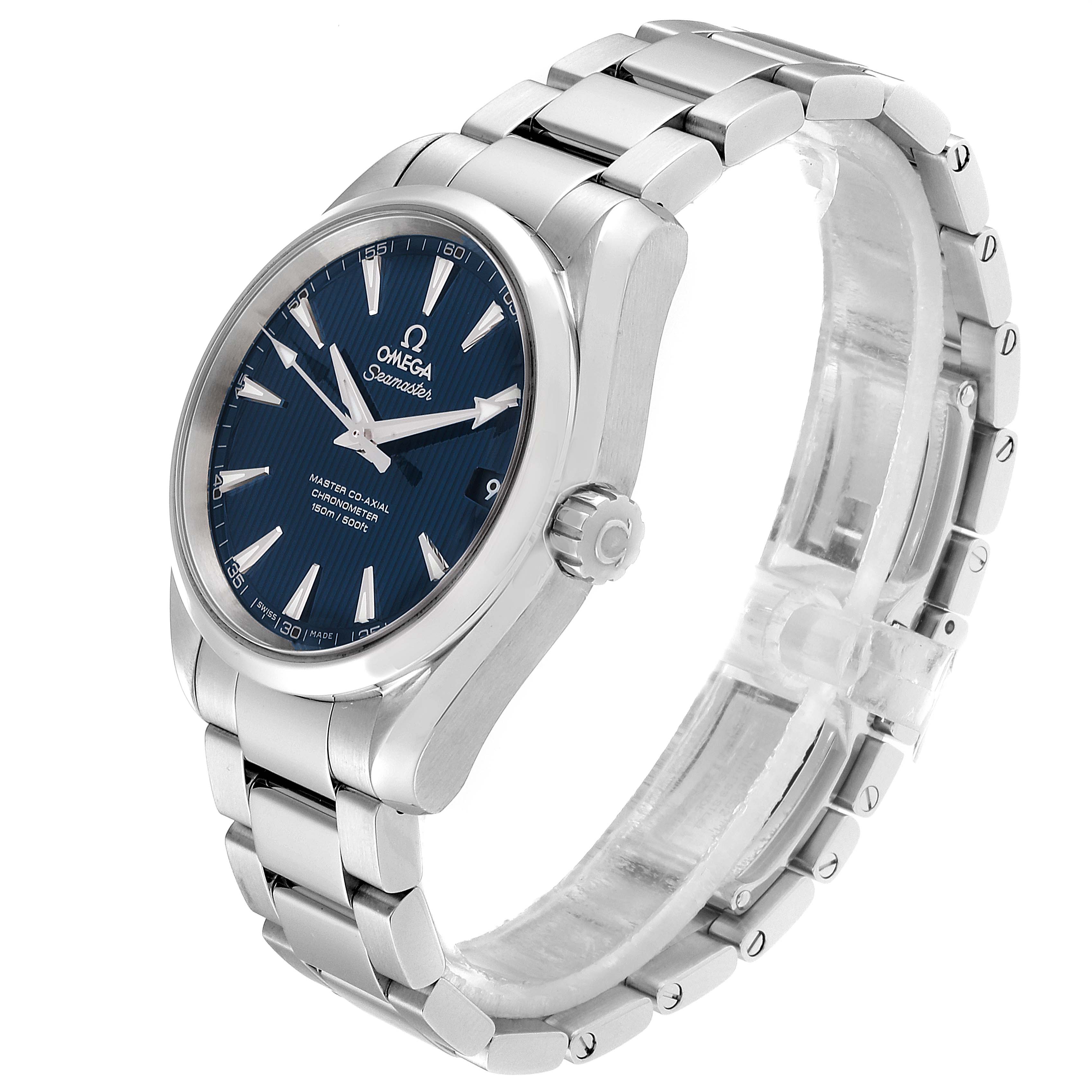 This image shows a side view of the Omega Aqua Terra 231.10.39.21.03.002 Men
s Stainless Steel Blue Dial 231.10.39.21.03.002 Men
s Stainless Steel Blue Dial watch, highlighting its stainless steel bracelet and blue dial.