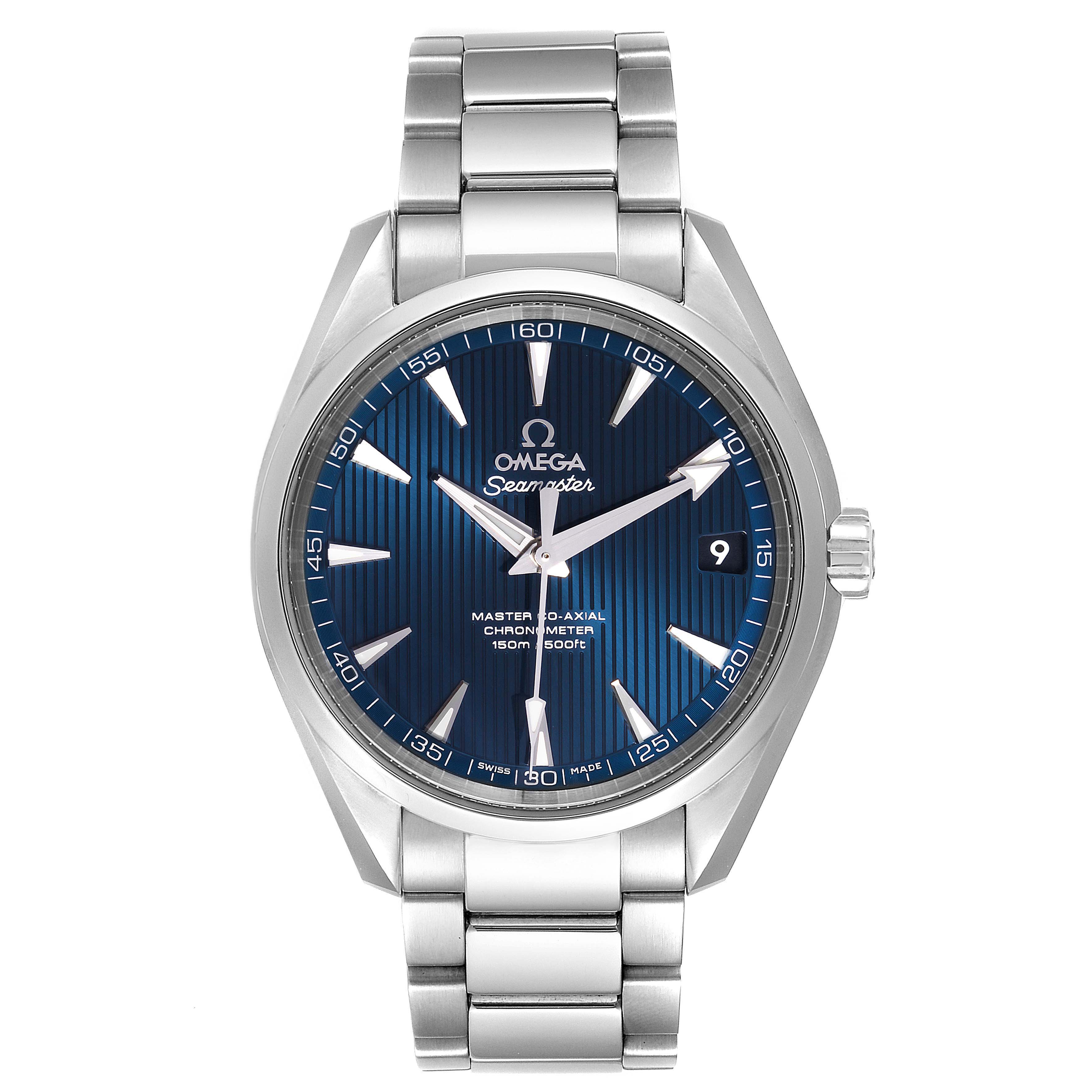 This image shows a front view of the Omega Aqua Terra 231.10.39.21.03.002 Men
s Stainless Steel Blue Dial 231.10.39.21.03.002 Men
s Stainless Steel Blue Dial watch, highlighting its blue dial, hour markers, and stainless steel bracelet.