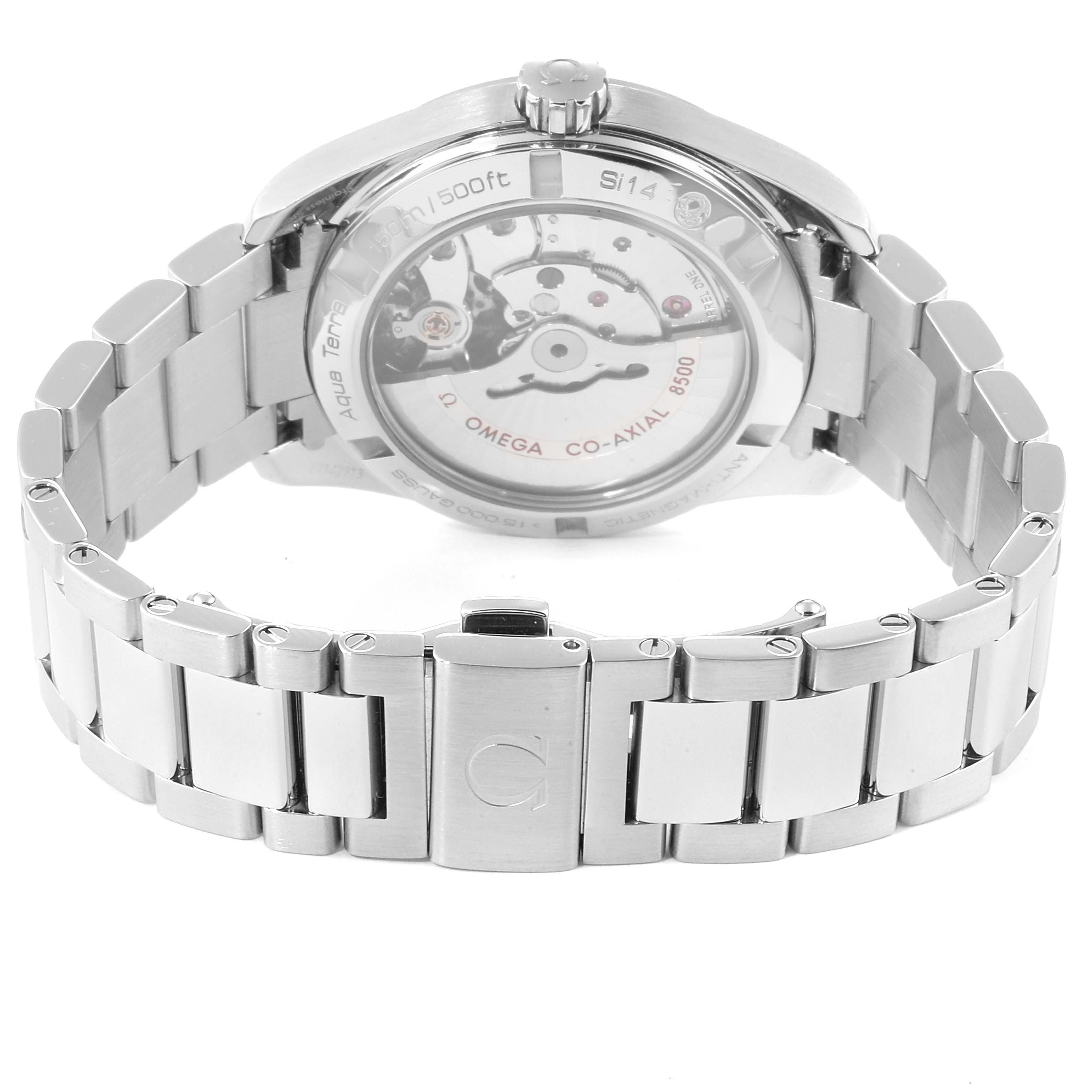 This image shows the back view of the Omega Aqua Terra 231.10.39.21.03.002 Men
s Stainless Steel Blue Dial 231.10.39.21.03.002 Men
s Stainless Steel Blue Dial watch, highlighting its case back and stainless steel bracelet.