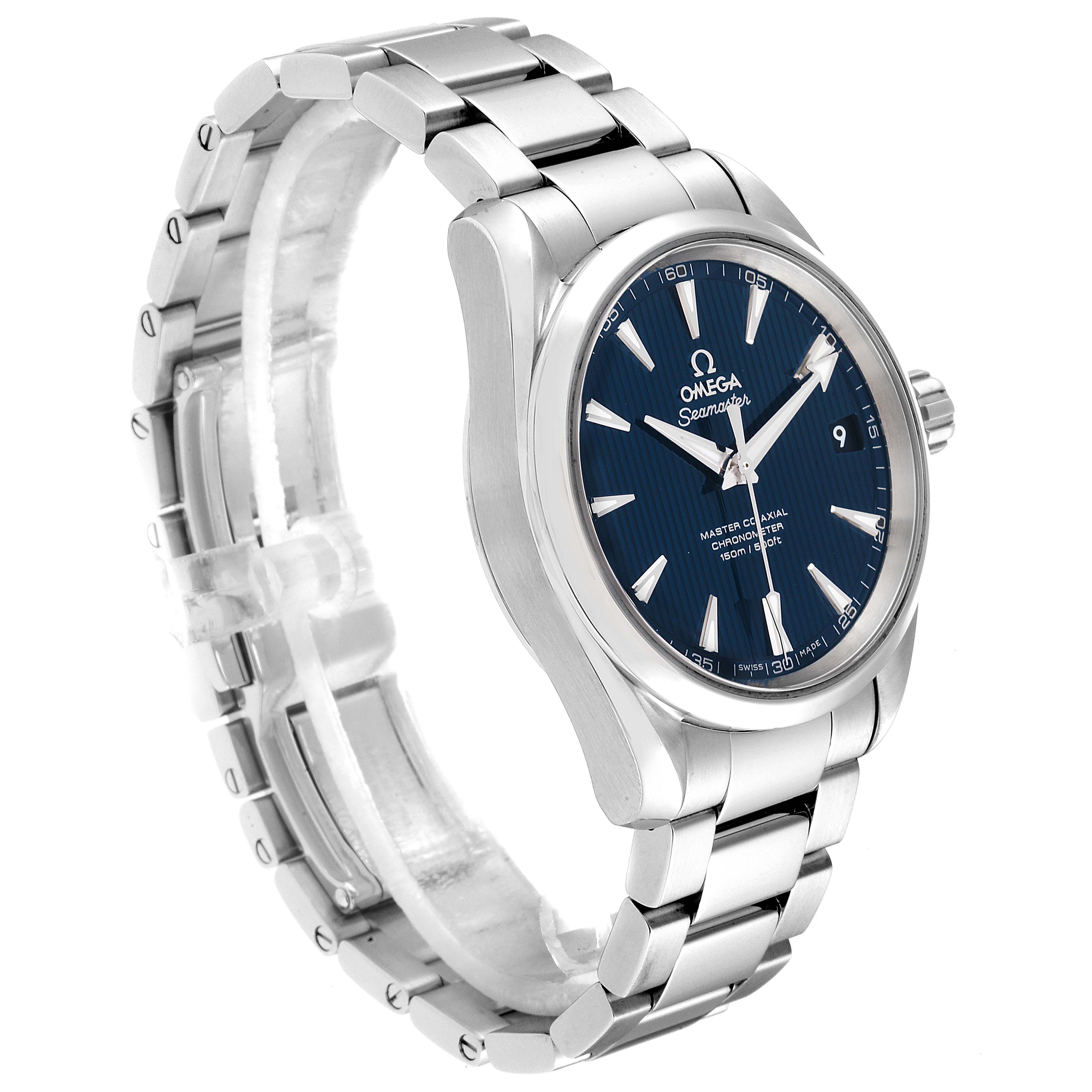 The image shows an Omega Aqua Terra 231.10.39.21.03.002 Men
s Stainless Steel Blue Dial 231.10.39.21.03.002 Men
s Stainless Steel Blue Dial watch from a three-quarter angle, highlighting the bracelet, case, crown, and dial.