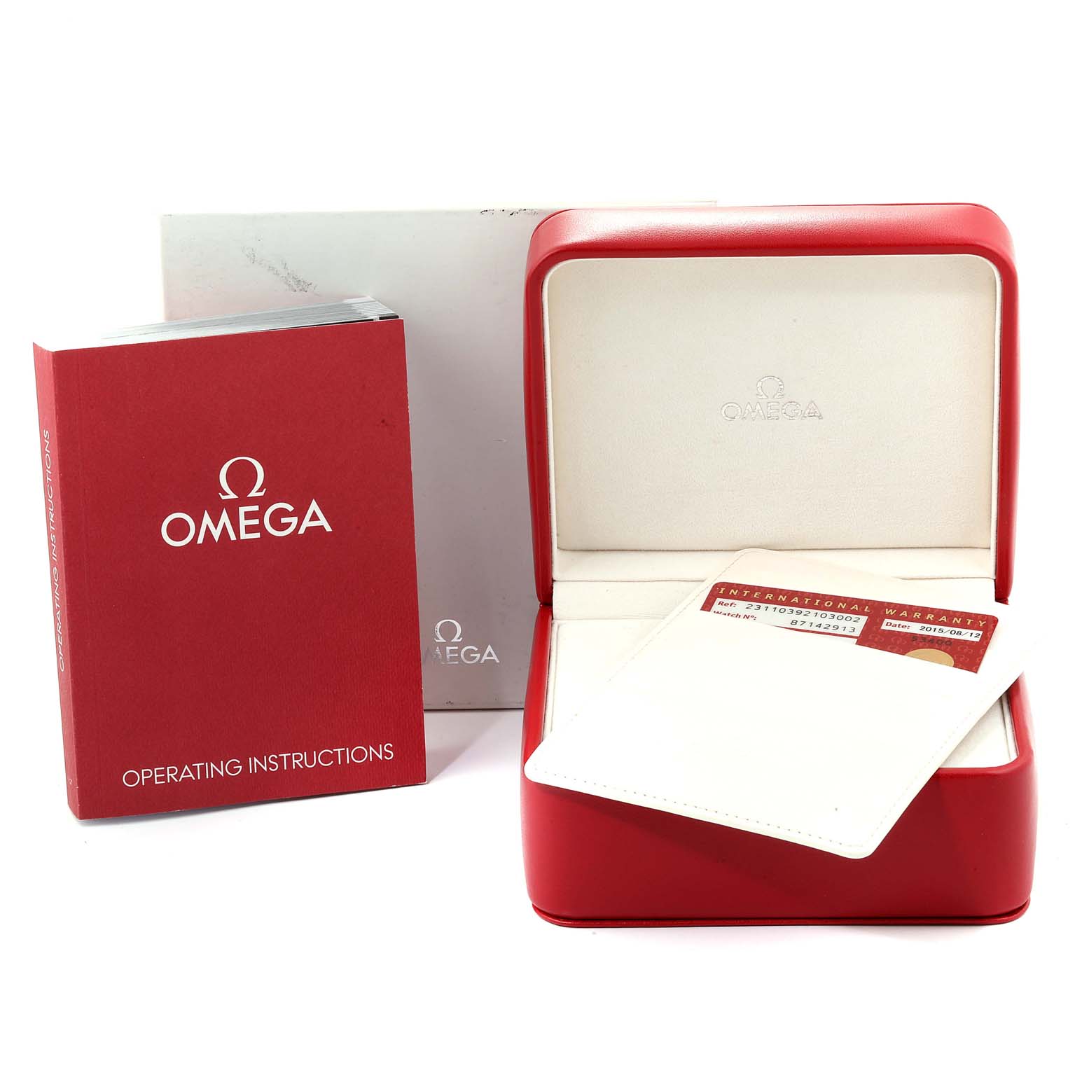 This image displays the Omega Aqua Terra 231.10.39.21.03.002 Men
s Stainless Steel Blue Dial 231.10.39.21.03.002 Men
s Stainless Steel Blue Dial watch
s box, operating instructions, and international warranty card.