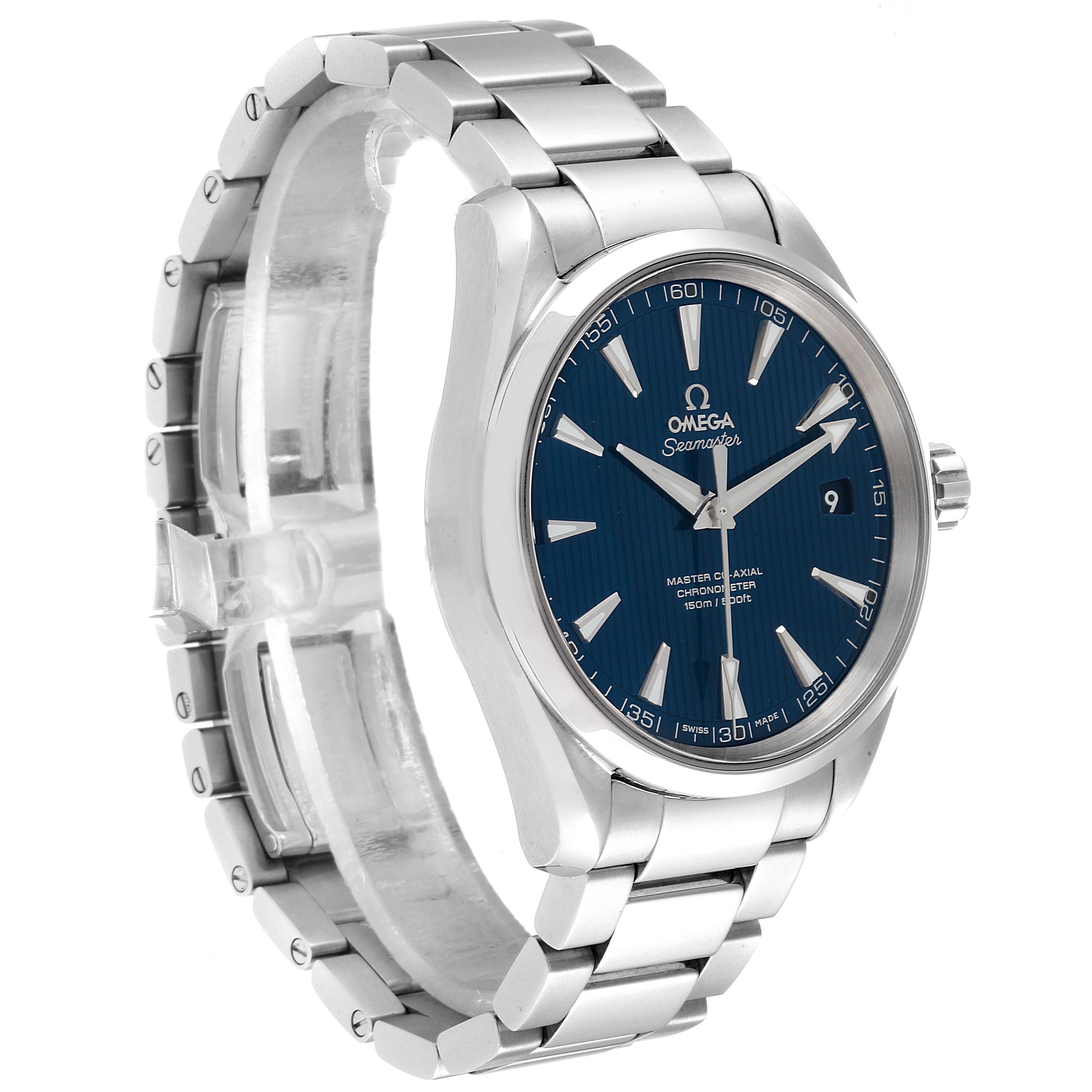 The Omega Aqua Terra 231.10.42.21.03.003 Men
s Stainless Steel Blue Dial 231.10.42.21.03.003 Men
s Stainless Steel Blue Dial watch is shown at a three-quarter angle, highlighting its blue dial, stainless steel case, and bracelet.