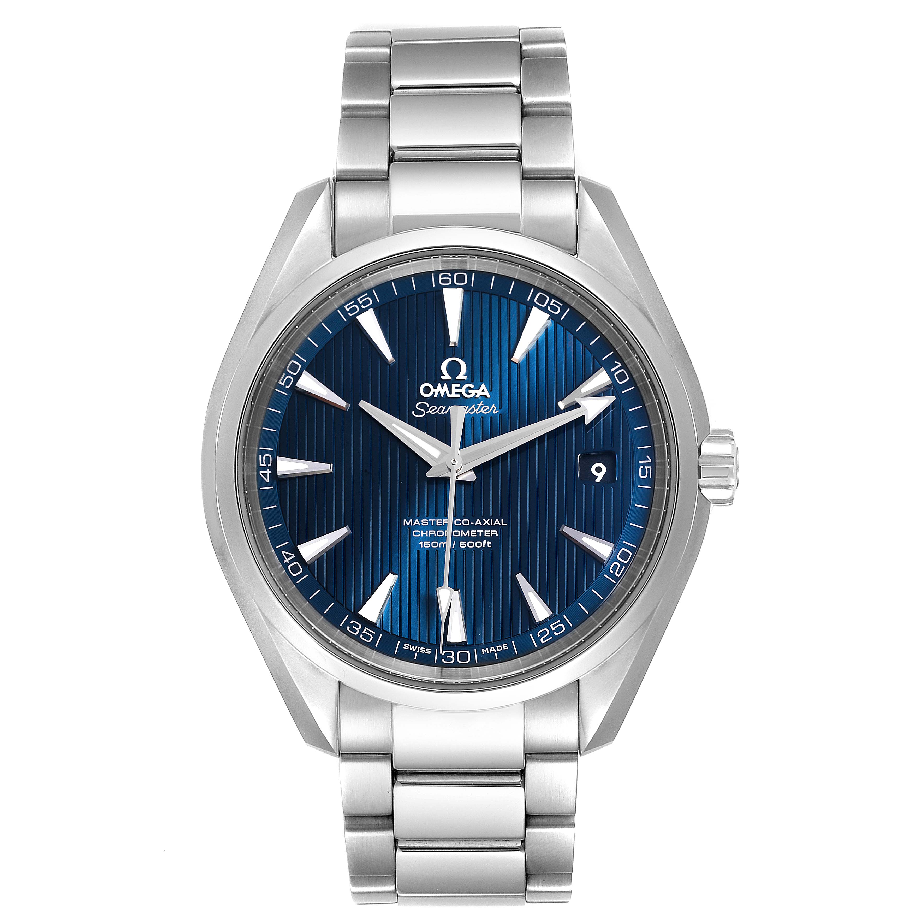 The image shows a front view of the Omega Aqua Terra 231.10.42.21.03.003 Men
s Stainless Steel Blue Dial 231.10.42.21.03.003 Men
s Stainless Steel Blue Dial watch, highlighting its dial, hands, date window, and bracelet.