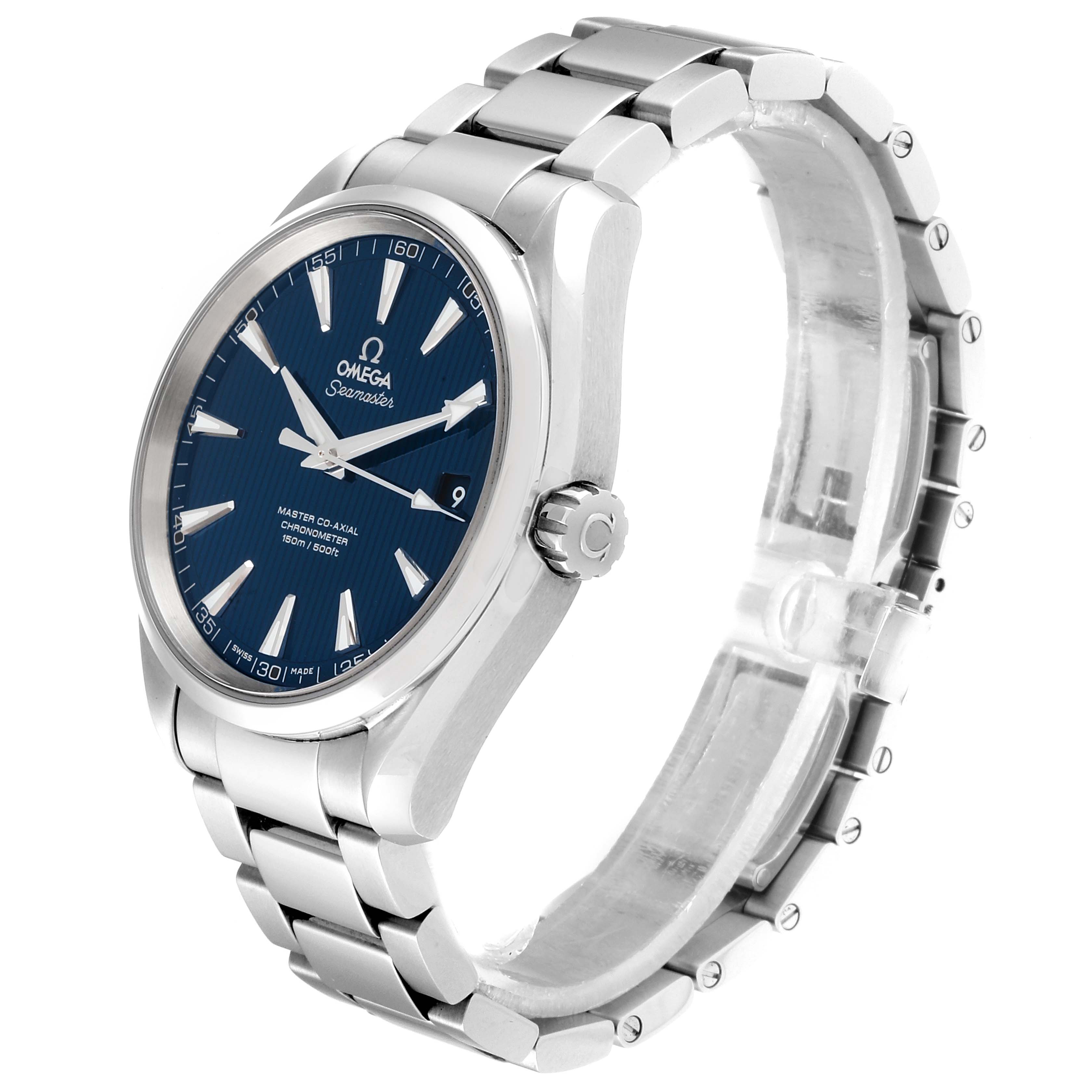 The image shows an Omega Aqua Terra 231.10.42.21.03.003 Men
s Stainless Steel Blue Dial 231.10.42.21.03.003 Men
s Stainless Steel Blue Dial watch from a side angle, displaying the face, bezel, crown, and bracelet.