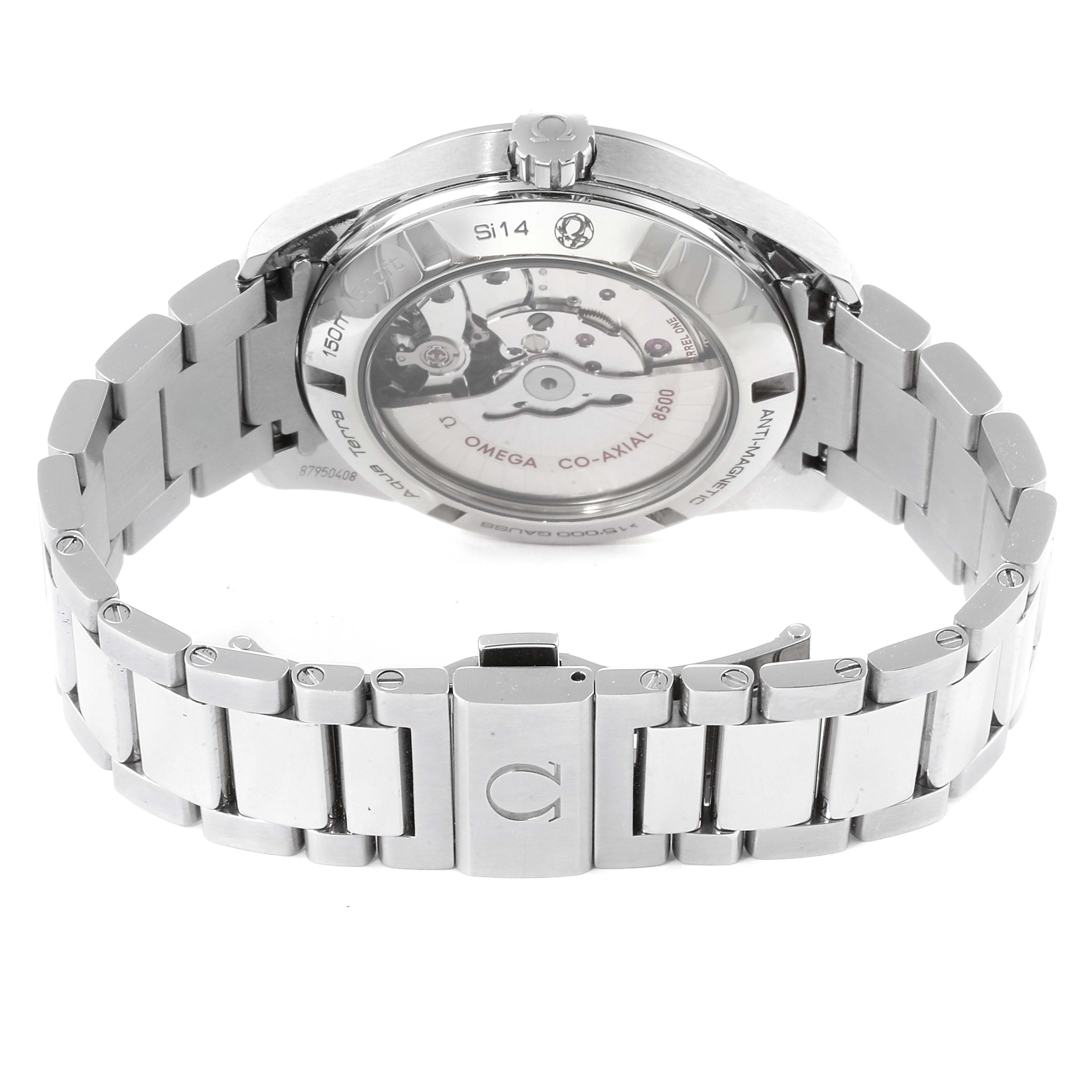 The image shows the back view of an Omega Aqua Terra 231.10.42.21.03.003 Men
s Stainless Steel Blue Dial 231.10.42.21.03.003 Men
s Stainless Steel Blue Dial watch, highlighting its see-through case back and stainless steel bracelet.