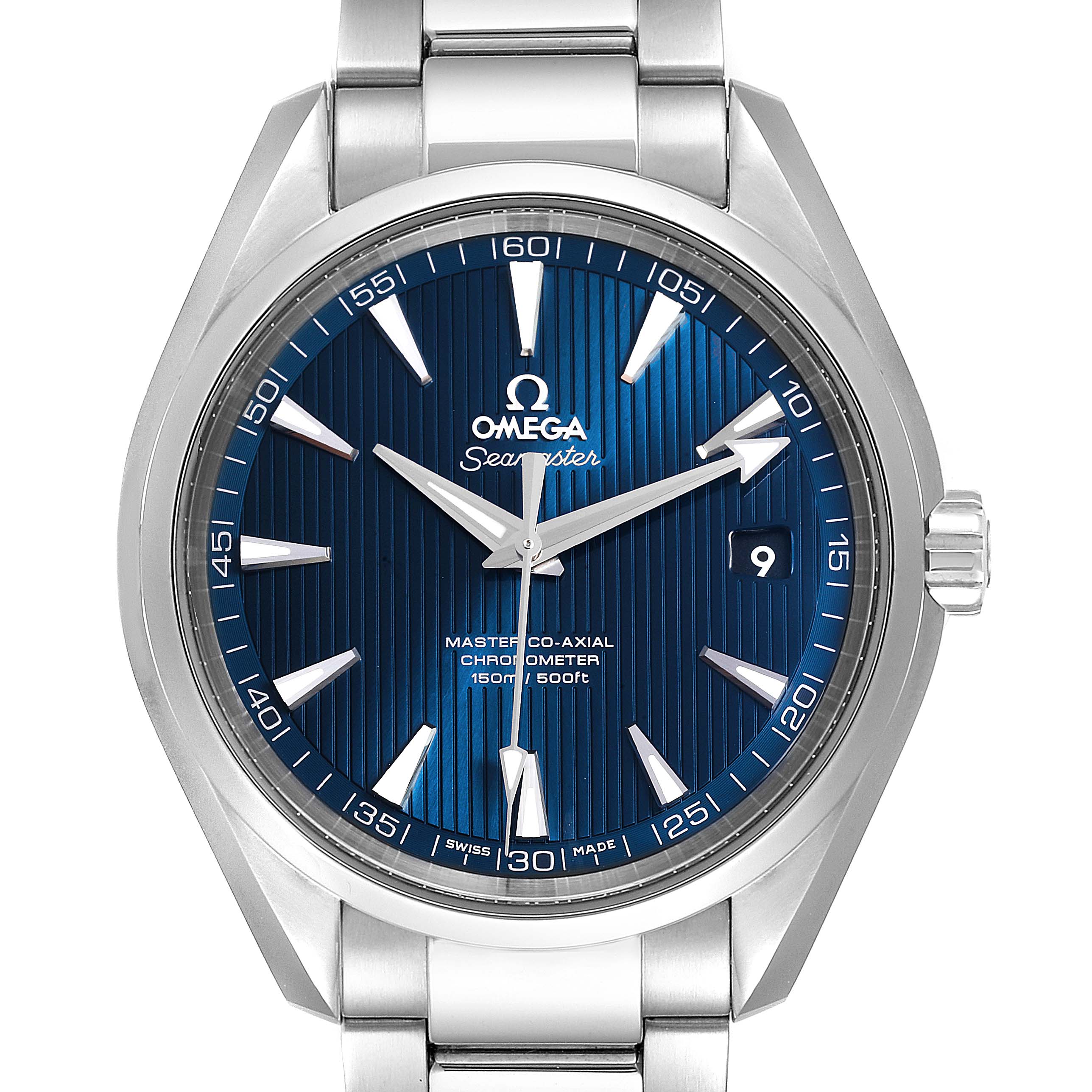 The image shows a front view of the Omega Aqua Terra 231.10.42.21.03.003 Men
s Stainless Steel Blue Dial 231.10.42.21.03.003 Men
s Stainless Steel Blue Dial watch, highlighting the dial, bezel, hands, bracelet, and crown.