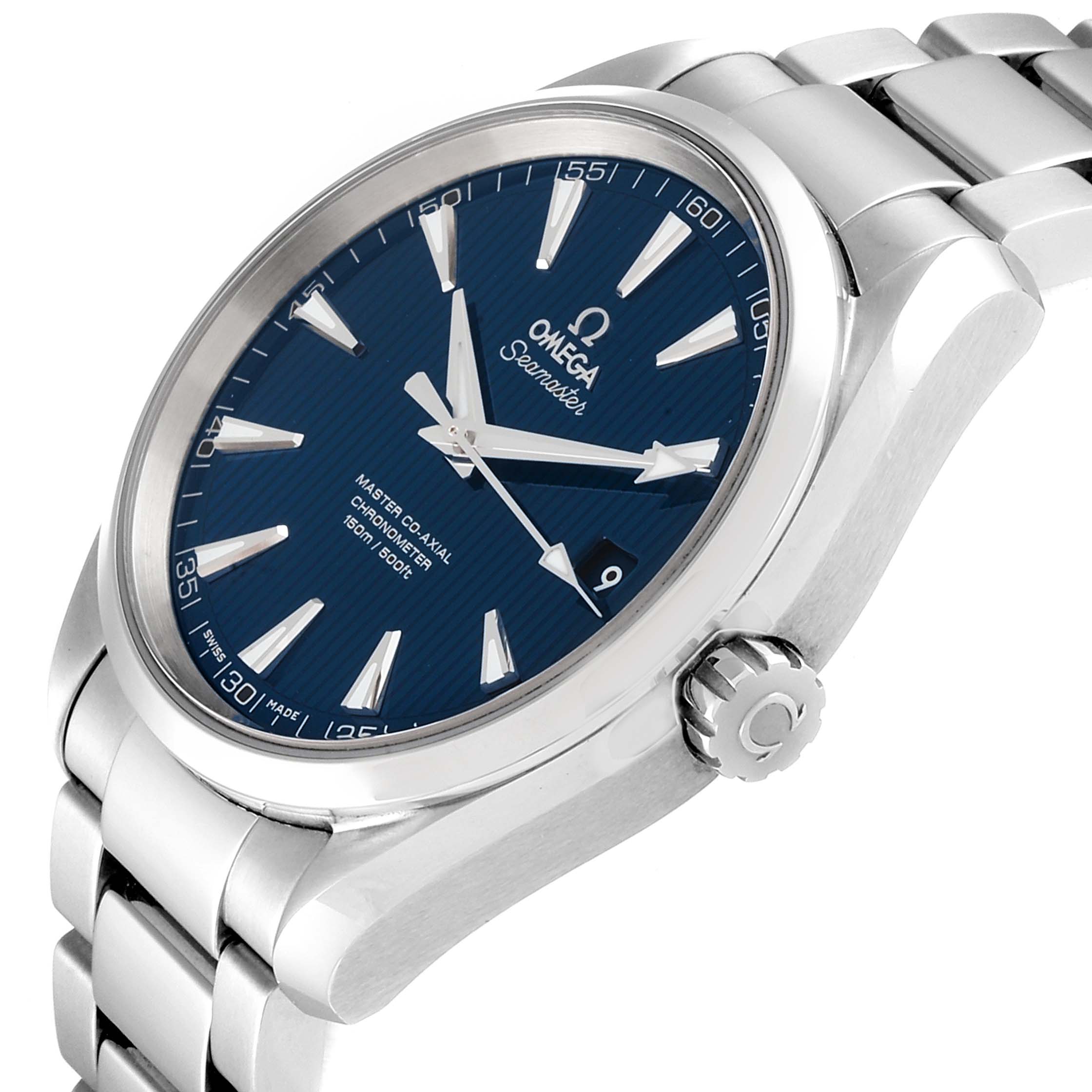 This image shows a close-up, angled view of the face, crown, and bracelet of the Omega Aqua Terra 231.10.42.21.03.003 Men
s Stainless Steel Blue Dial 231.10.42.21.03.003 Men
s Stainless Steel Blue Dial model watch.