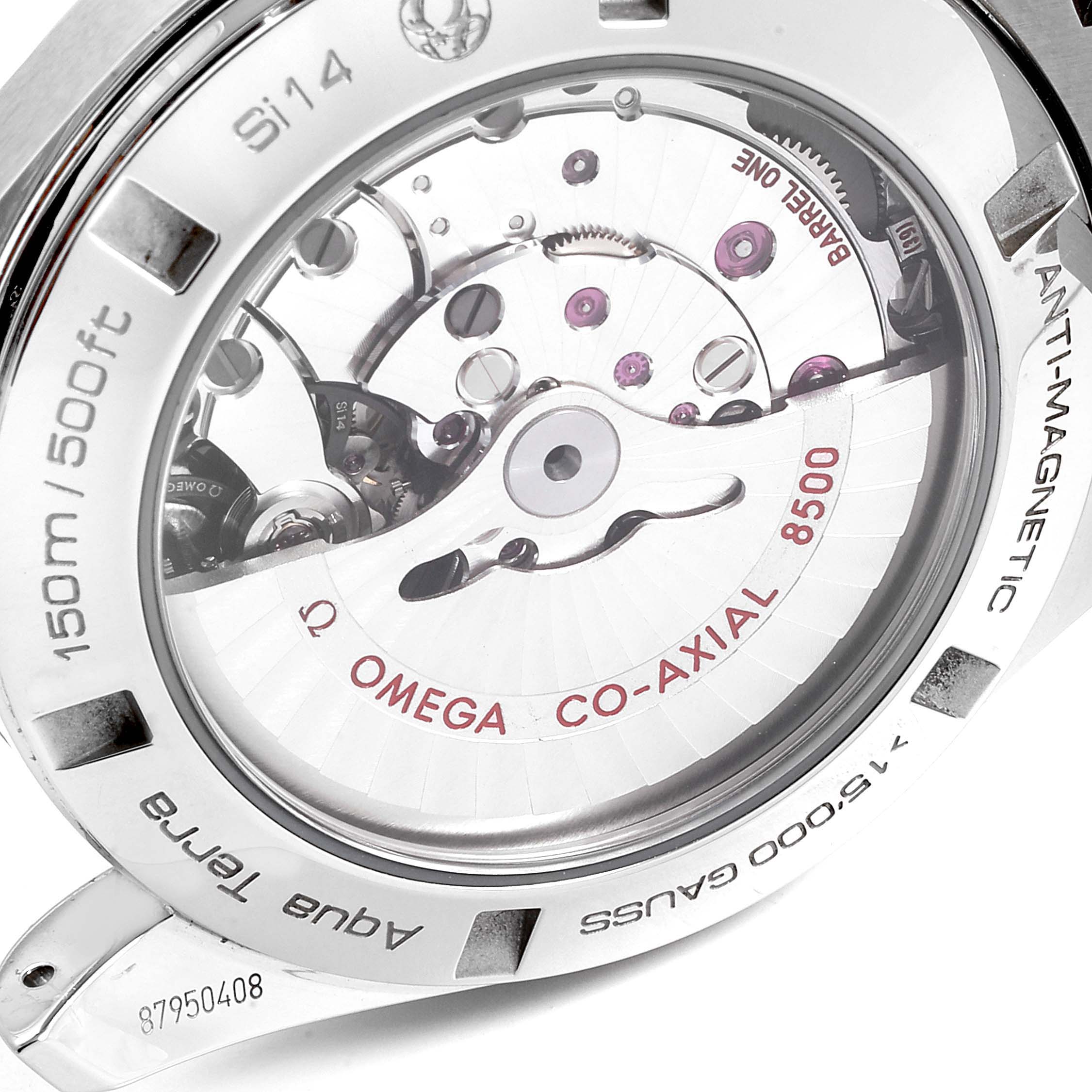 The image shows the case back of the Omega Aqua Terra 231.10.42.21.03.003 Men
s Stainless Steel Blue Dial 231.10.42.21.03.003 Men
s Stainless Steel Blue Dial watch, displaying the movement and "Omega Co-Axial 8500" inscribed.