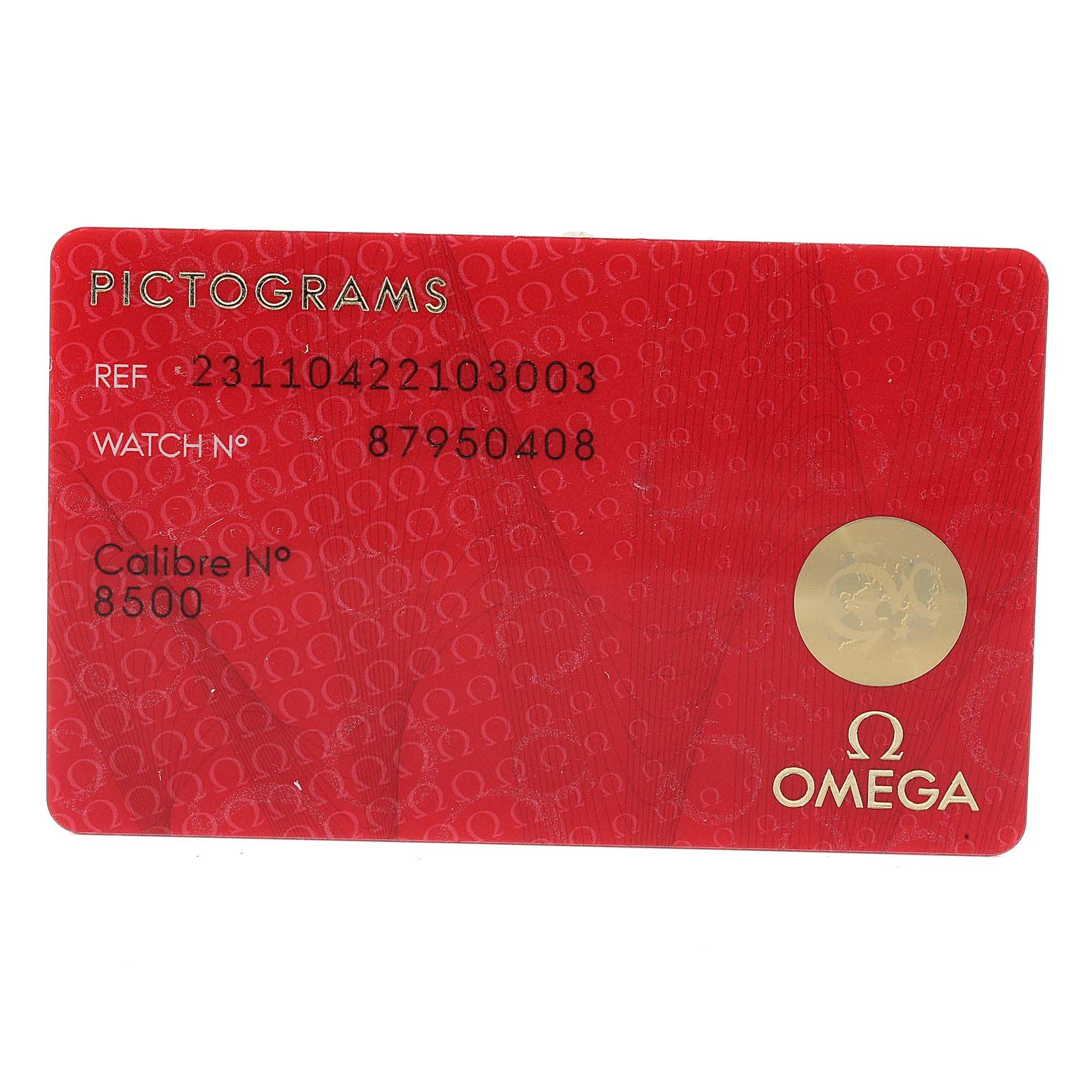 The image shows a red Pictograms card with details for the Omega Aqua Terra 231.10.42.21.03.003 Men
s Stainless Steel Blue Dial 231.10.42.21.03.003 Men
s Stainless Steel Blue Dial model watch.